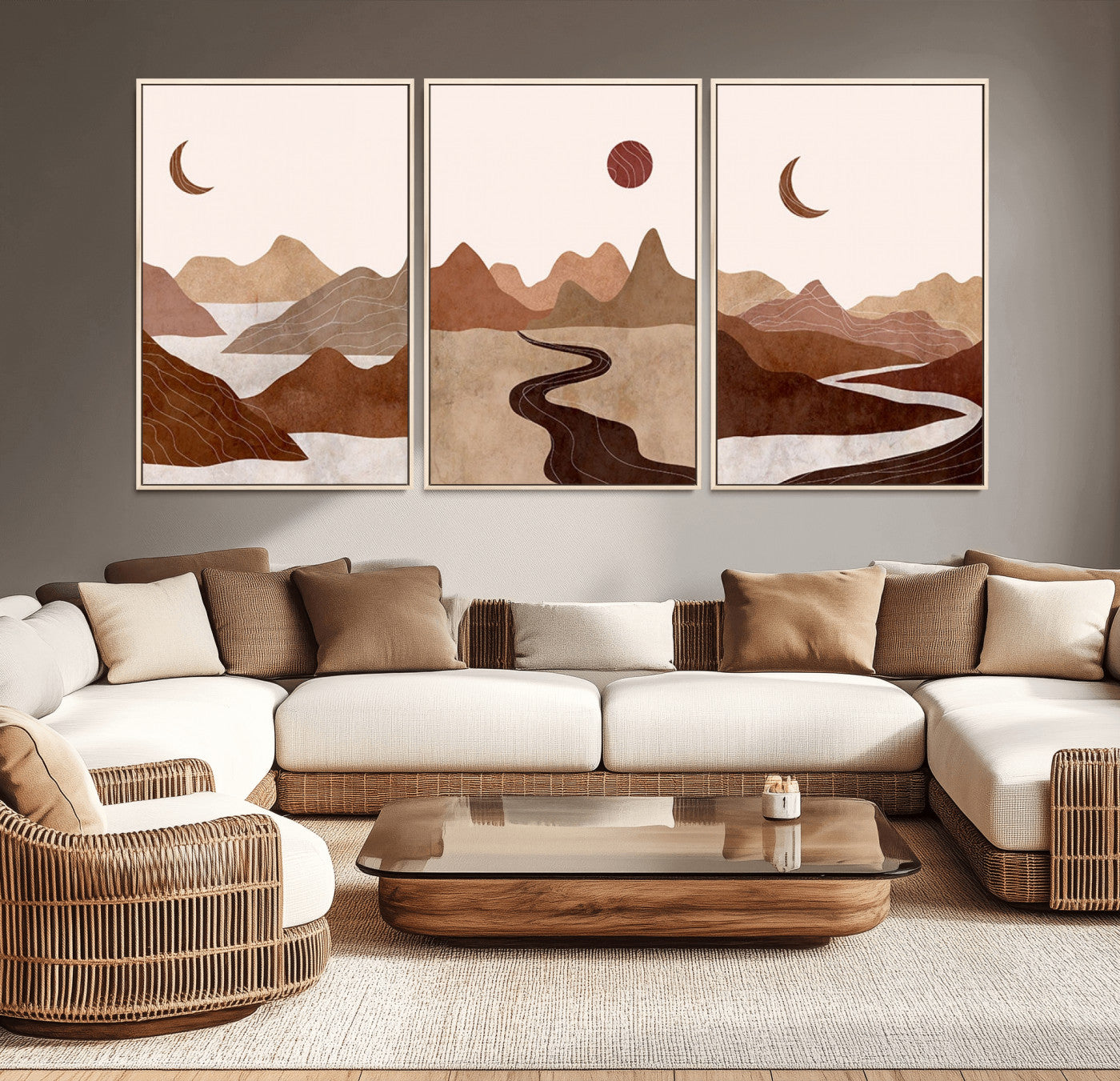 MGV-FC-60X30-3P - Boho Wall Art Canvas Print Set Mid-Century Prints Bohemian Wall Artwork Prints Boho Neutral