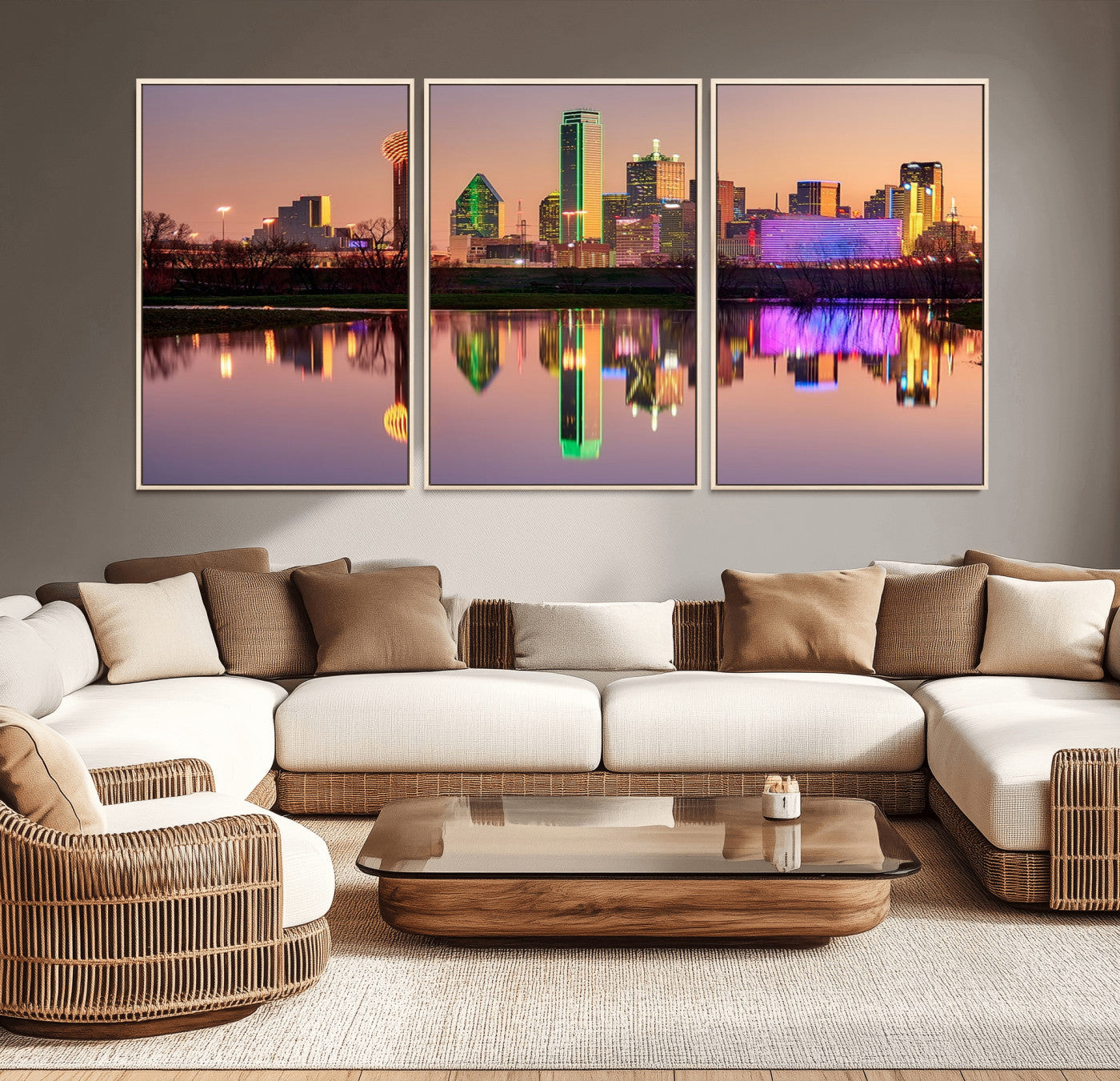 73925-MGV-FC-60X30-3P_Natural-Colorful Dallas City Lights Night Skyline Wall Art Print Dallas Cityscape Canvas Print Dallas