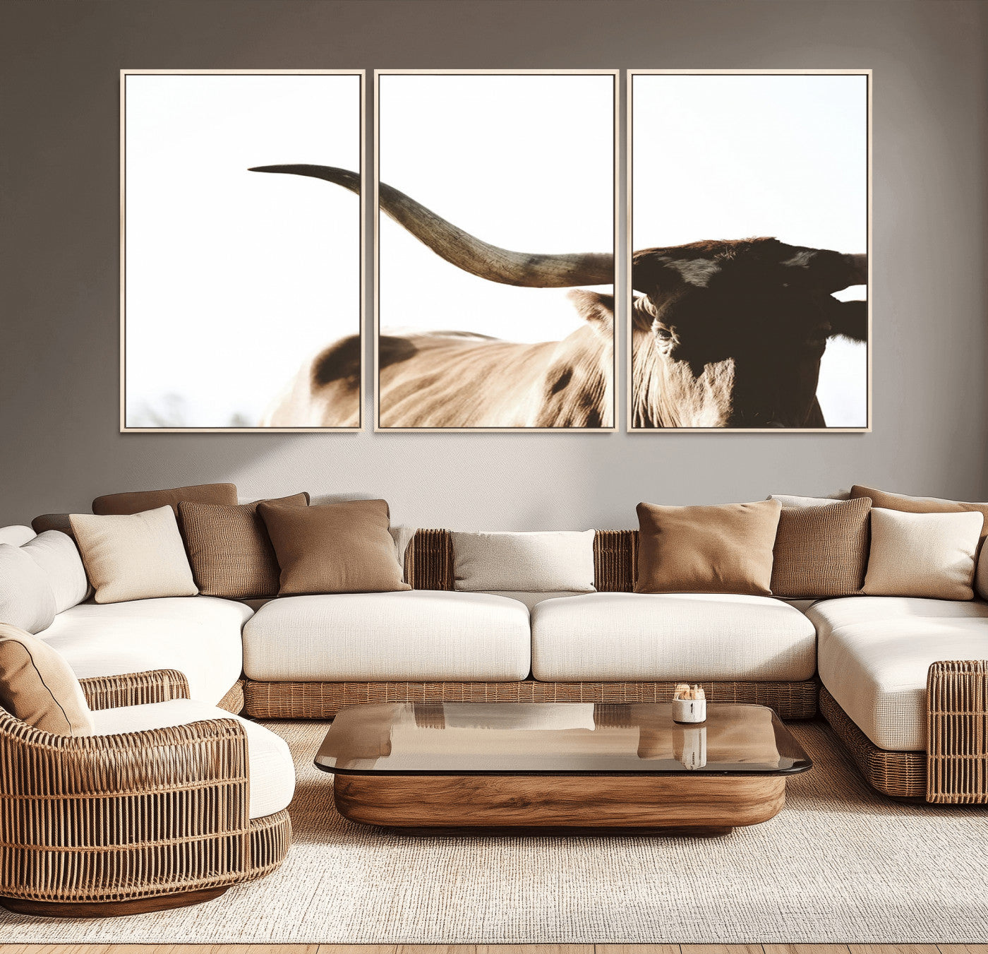 MGV-FC-60X30-3P - Texas Longhorn Wall Art Canvas Print | 3-Panel Large Longhorn Canvas Print for Living Room, Framed Gallery Wrap Office, Rustic Western Cowboy Decor