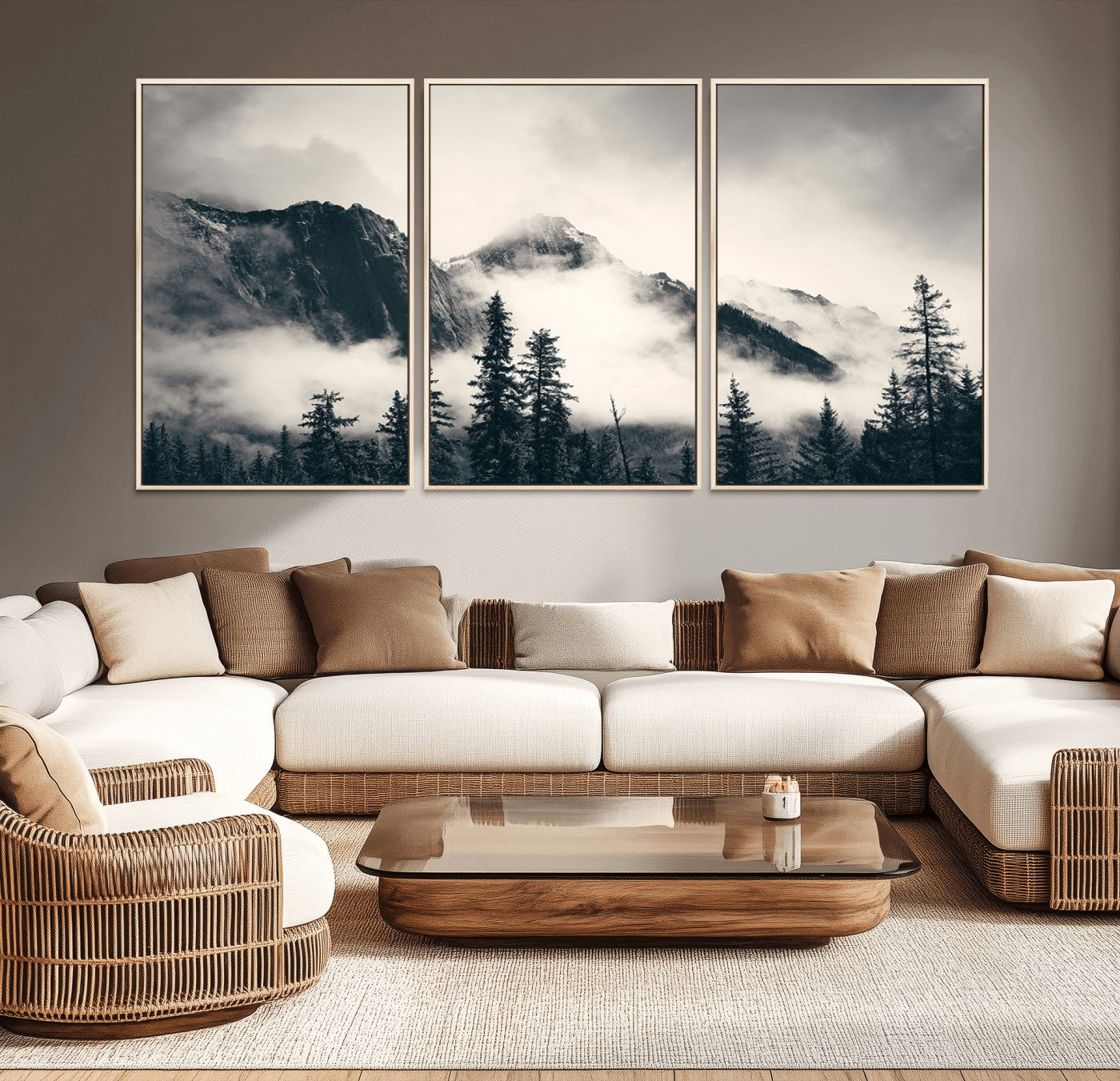 MGV-FC-60X30-3P - Large Foggy Mountain Forest Wall Art Canvas Print | Misty Mountain Peaks and Pine Trees Print |