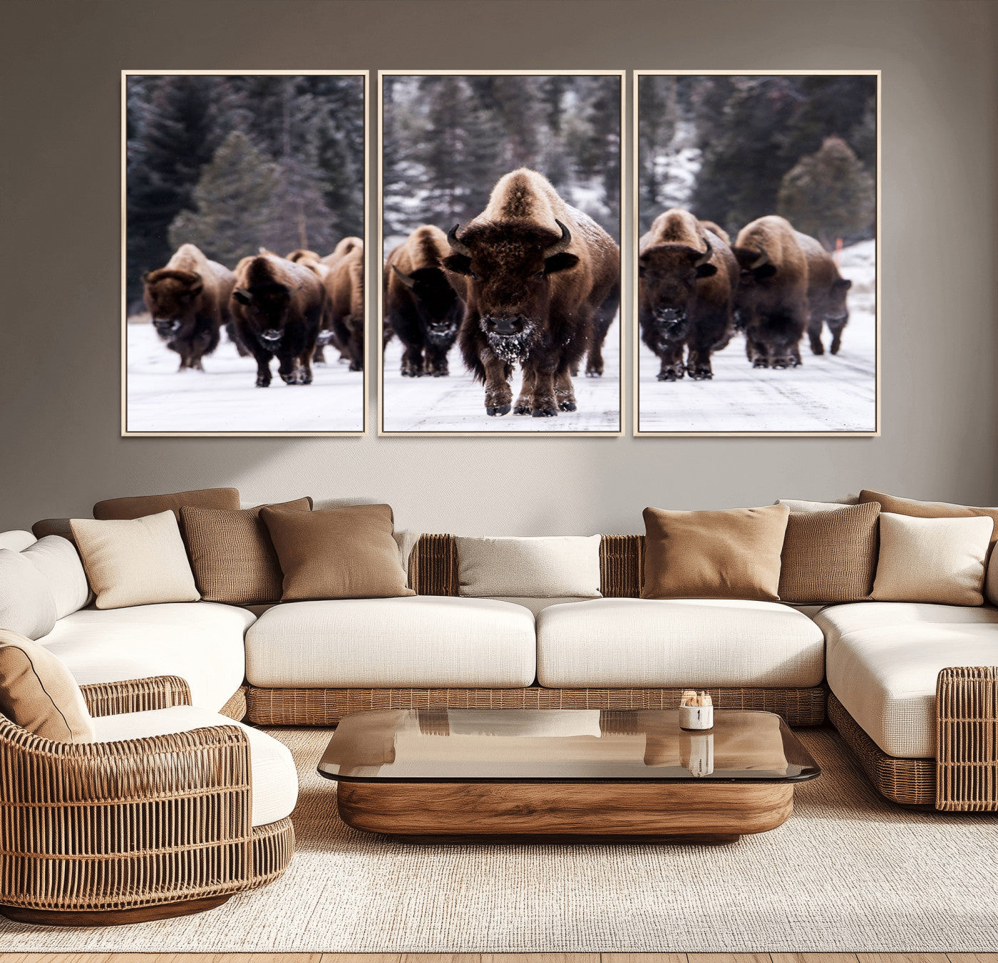 MGV-FC-60X30-3P - Bison Wall Art Canvas Print- Bison Herd Canvas Wall Art – Majestic Wildlife Photography – Framed and