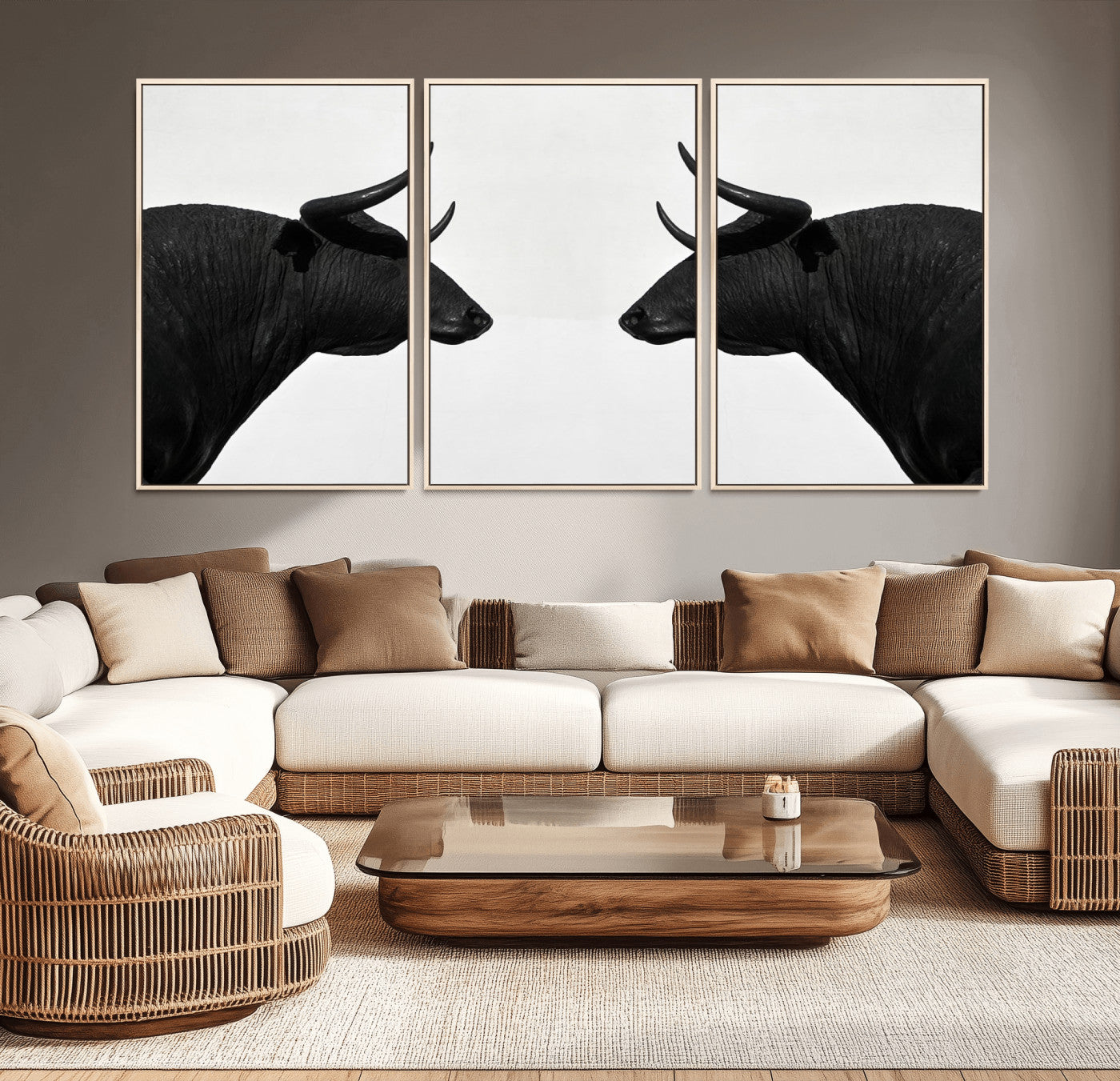-Spanish Bull Art - Framed Black and White Bull Canvas Print for Modern Rustic Home or Office Decor