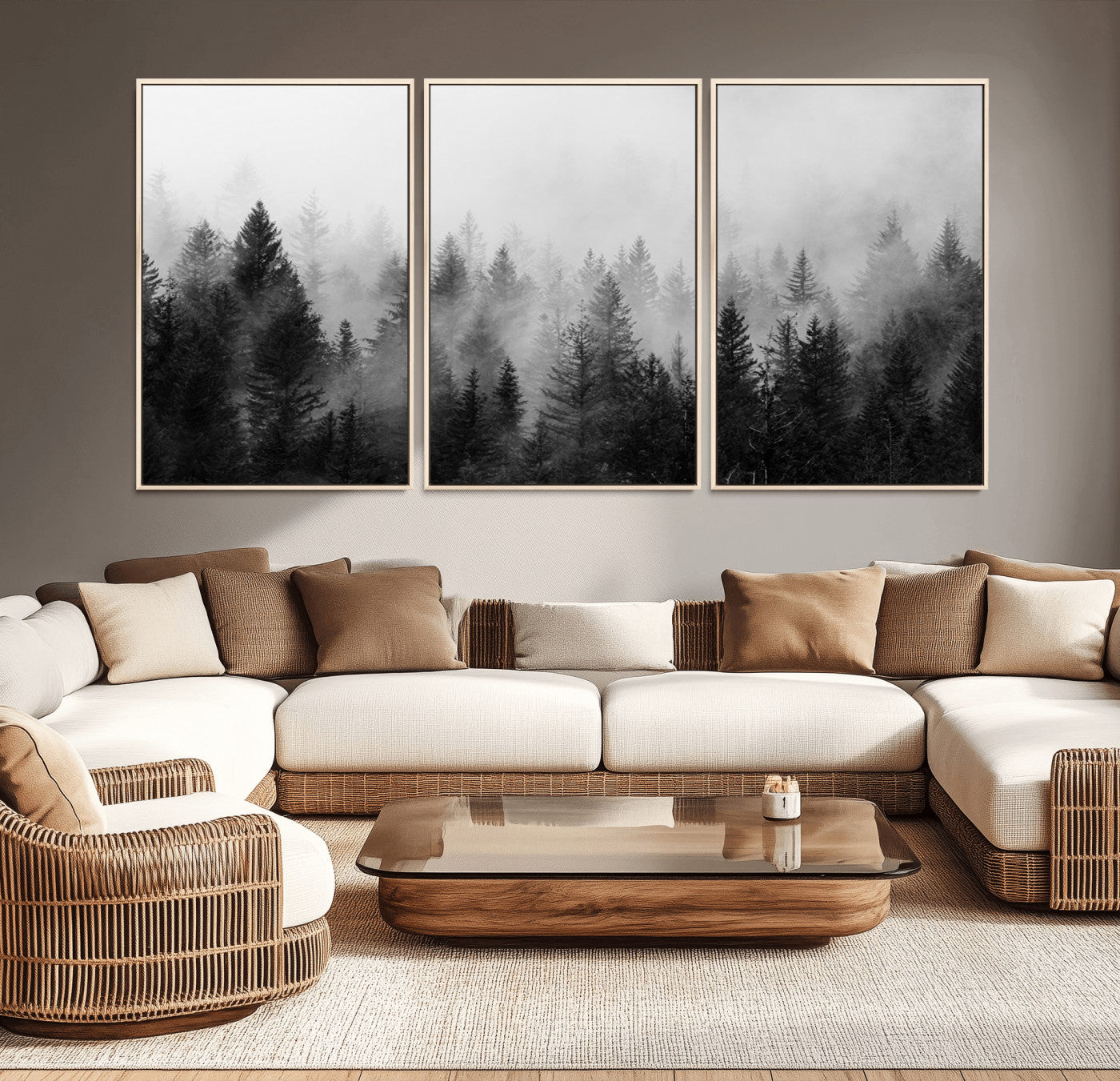 MGV-FC-60X30-3P - Foggy Black and White Forest Canvas Wall Art, 3 Panel Misty Pine Trees Canvas Print for Living Room,