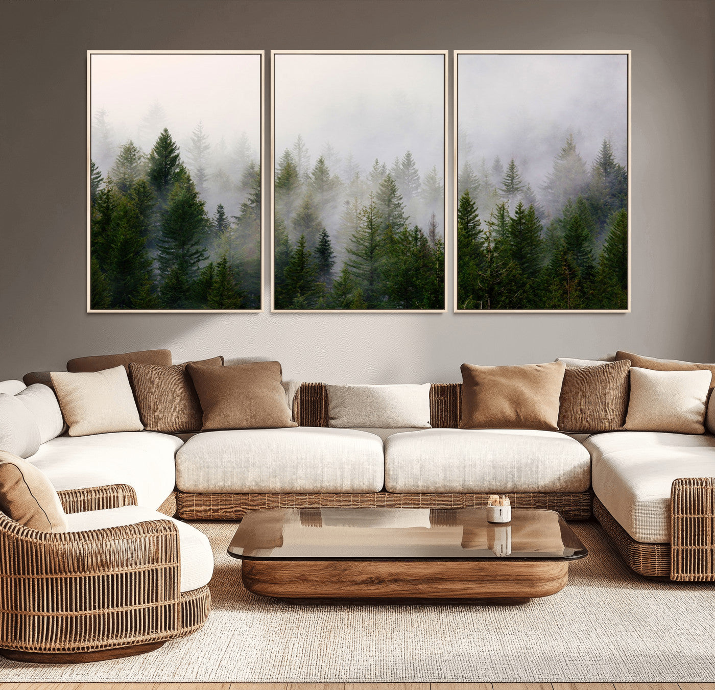 MGV-FC-60X30-3P - Misty Pine Forest Wall Art Canvas Print | 3 Panel Green Woodland Canvas Print for Living Room, Office, or Dining Room | Nature Foggy Forest Decor