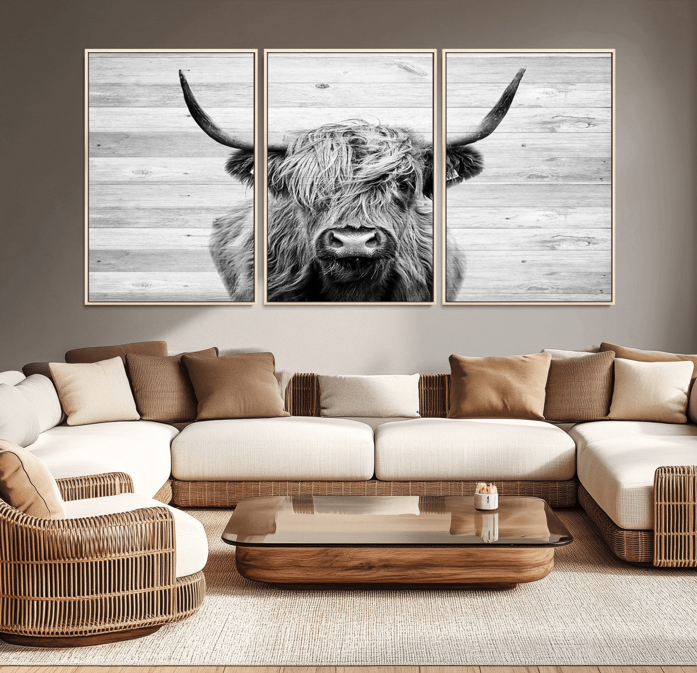 14634-MGV-CV-36X24-Scottish Highland Cow Cattle Art Print on Wood Background Style, Scottish Highland Cow Wall Art