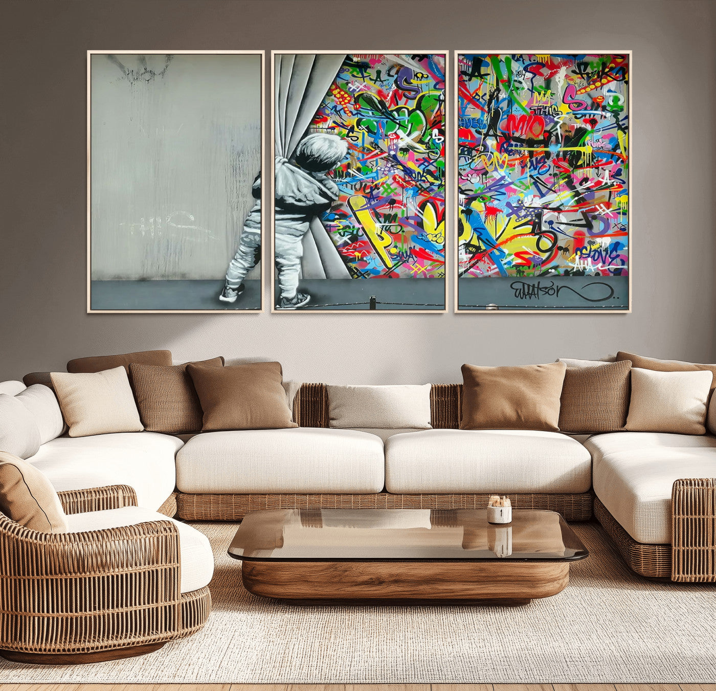 51713-MGV-CV-36X24-Banksy Colorful Street Graffiti Canvas Wall Art Print, Modern Art Triptych, Child and Graffiti Wall,
