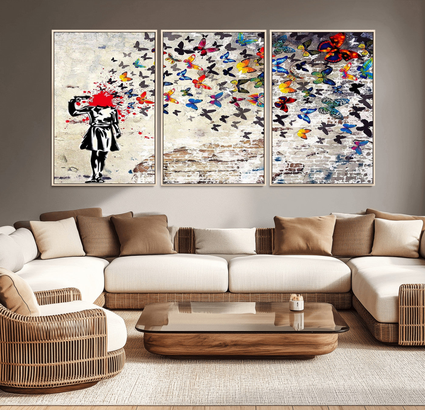 MGV-FC-60X30-3P - Banksy Art Butterfly Girl Explosion Canvas Art – Vibrant Urban Graffiti for Modern Interiors - Ready