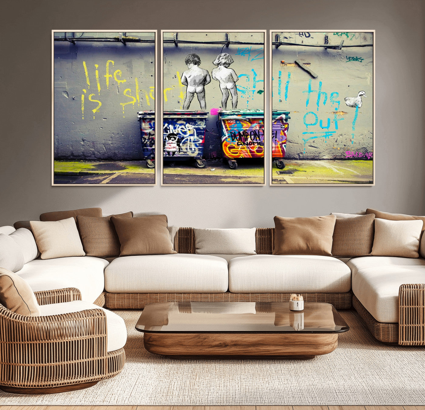 MGV-FC-60X30-3P - Banksy Life is Short Wall Art - Iconic Graffiti Art on Framed Ready-to-Hang Canvas - Street Art