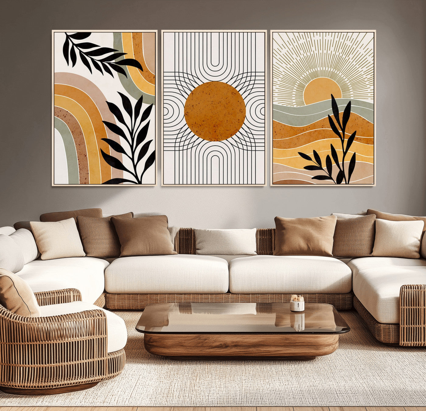MGV-FC-60X30-3P - Modern Boho Sun and Leaf Abstract Art – 3-Panel Giclée Canvas for Mid-Century Modern or Bohemian Wall Decor