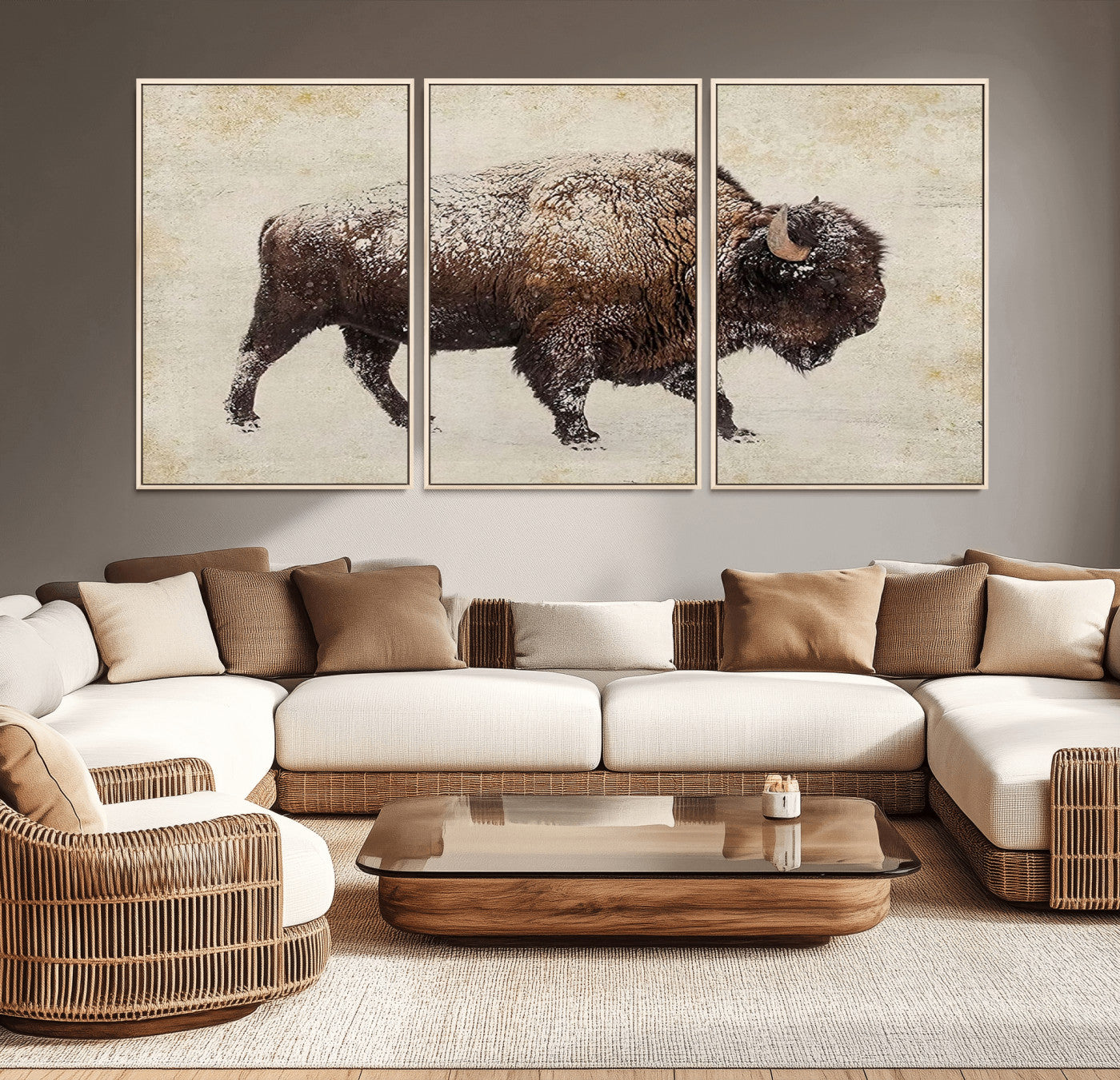 MGV-FC-60X30-3P - Buffalo Wall Art, Western Bison Canvas Print, Rustic Buffalo Art for Cowboy Western Decor, Large Multi-Panel Giclee Canvas for Farmhouse Wall Decor