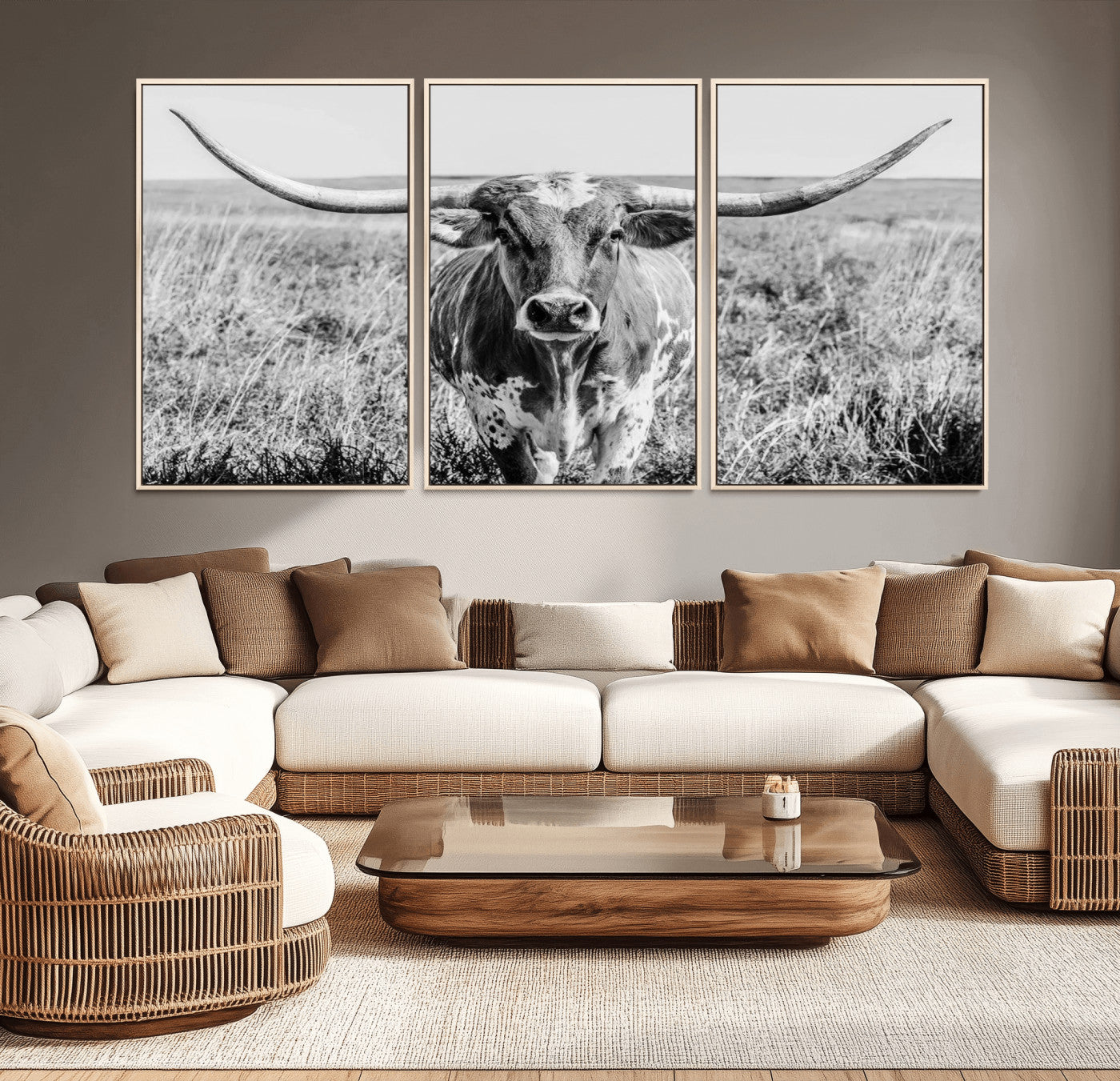 MGV-FC-60X30-3P - Texas Cow Longhorn Wall Art Canvas Print for Farm House Wall Decor, Farmhouse Wall Art Print