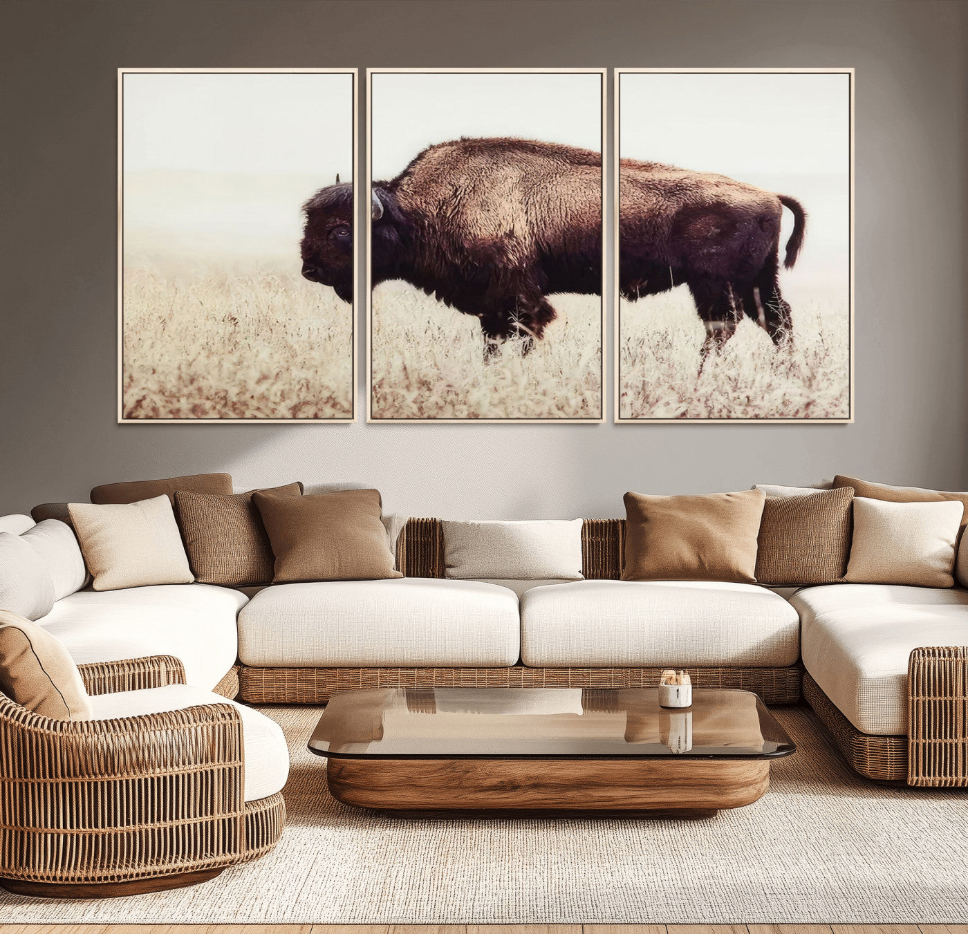 MGV-FC-60X30-3P - Bison in Field Wall Art Canvas Print For Farmhouse Barn Decor