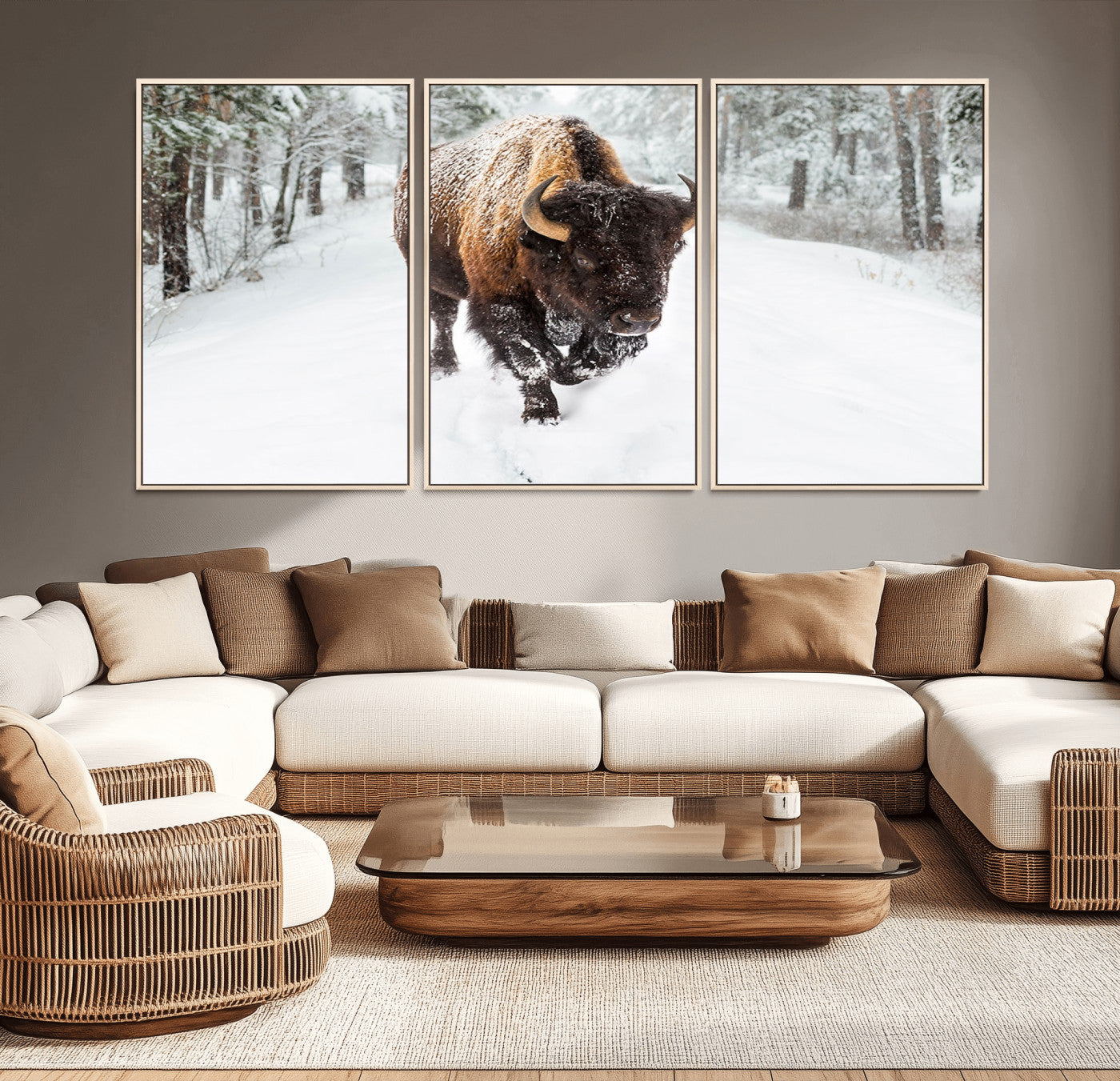 MGV-FC-60X30-3P - Bison Wall Art Canvas Print For Farmhouse, Animal Canvas Print, Wild Animal Wall Art