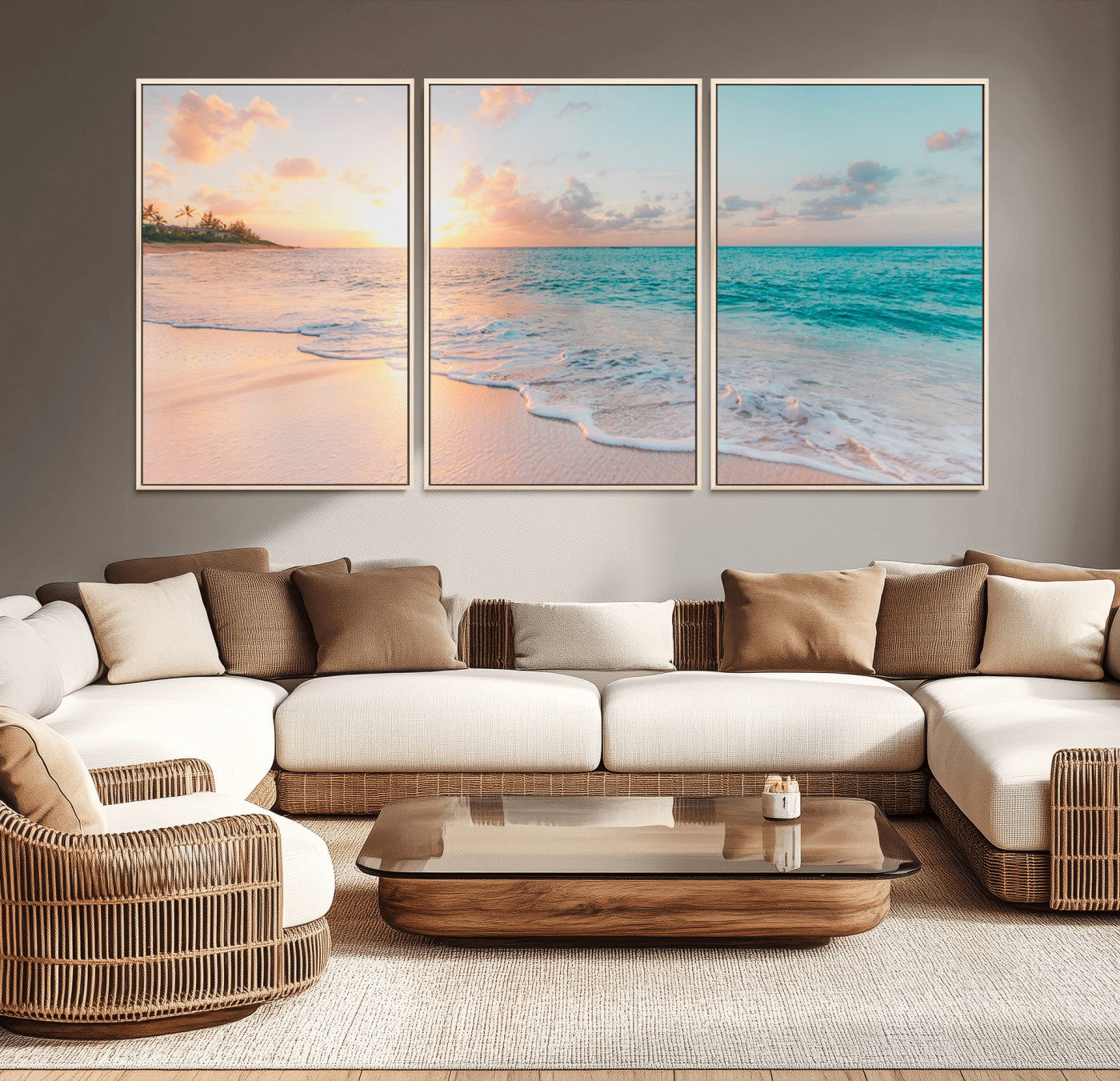 MGV-FC-60X30-3P - Beach Sunrise Wall Art, Coastal Seascape Canvas Print, Ocean Wave Multi-Panel Giclee, Coastal Sunset