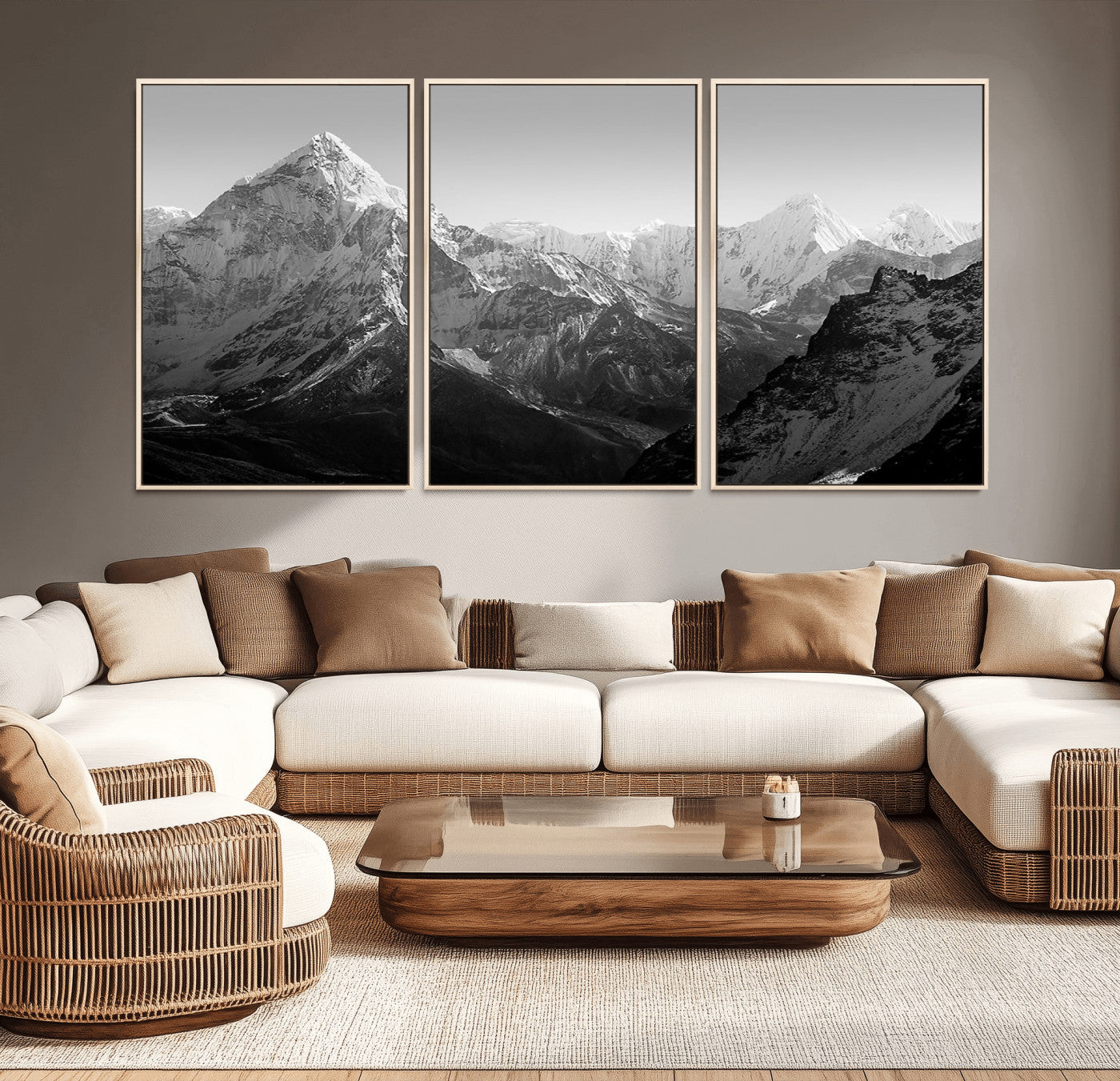 MGV-FC-60X30-3P - Everest Himalaya Mountain Peaks Black & White Triptych Canvas Art – Mountain Wall Decor, Everest