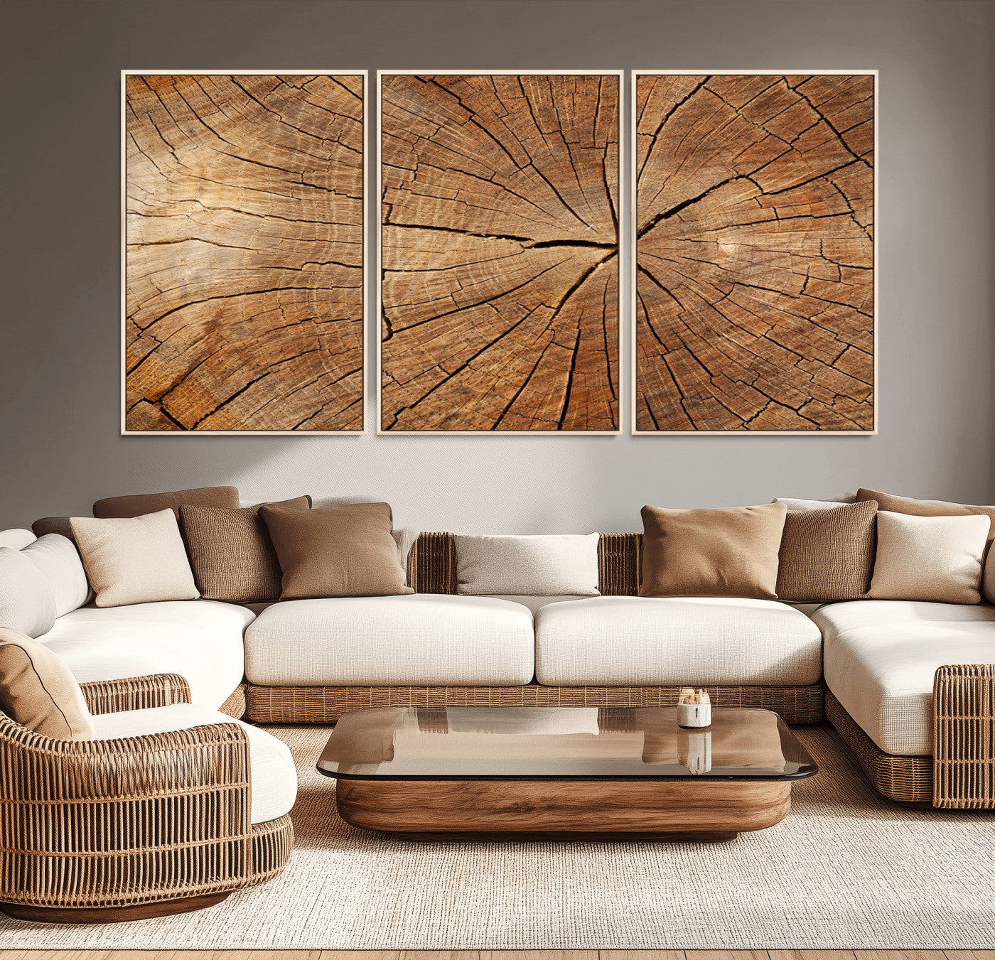 MGV-FC-60X30-3P - Tree Ring Canvas Art, Rustic Wood Grain Wall Art, Tree Slice Decor for Modern Homes, Giclee
