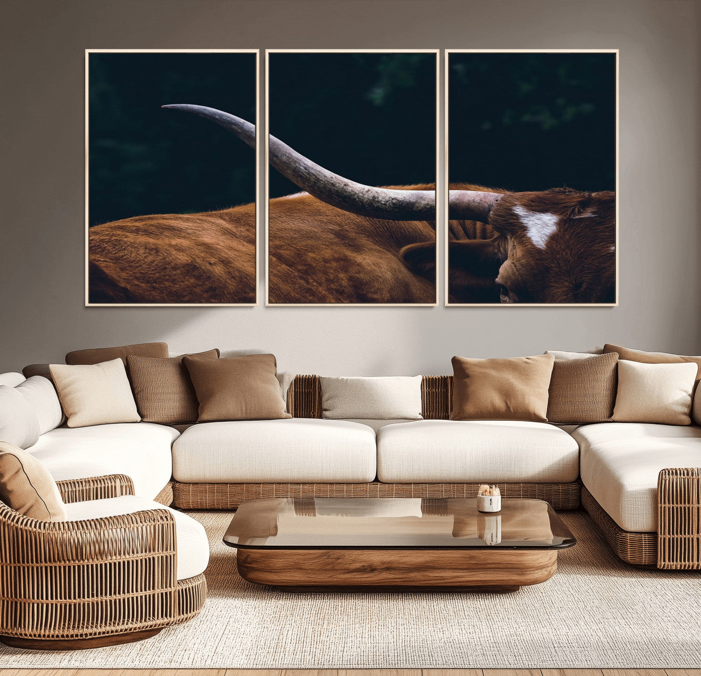 MGV-FC-60X30-3P - Texas Longhorn Bull Wall Art Canvas Print - Large Framed Canvas Wall Art, Animal Print for Rustic Home or Office Décor, Farmhouse Cabin Wall Decor