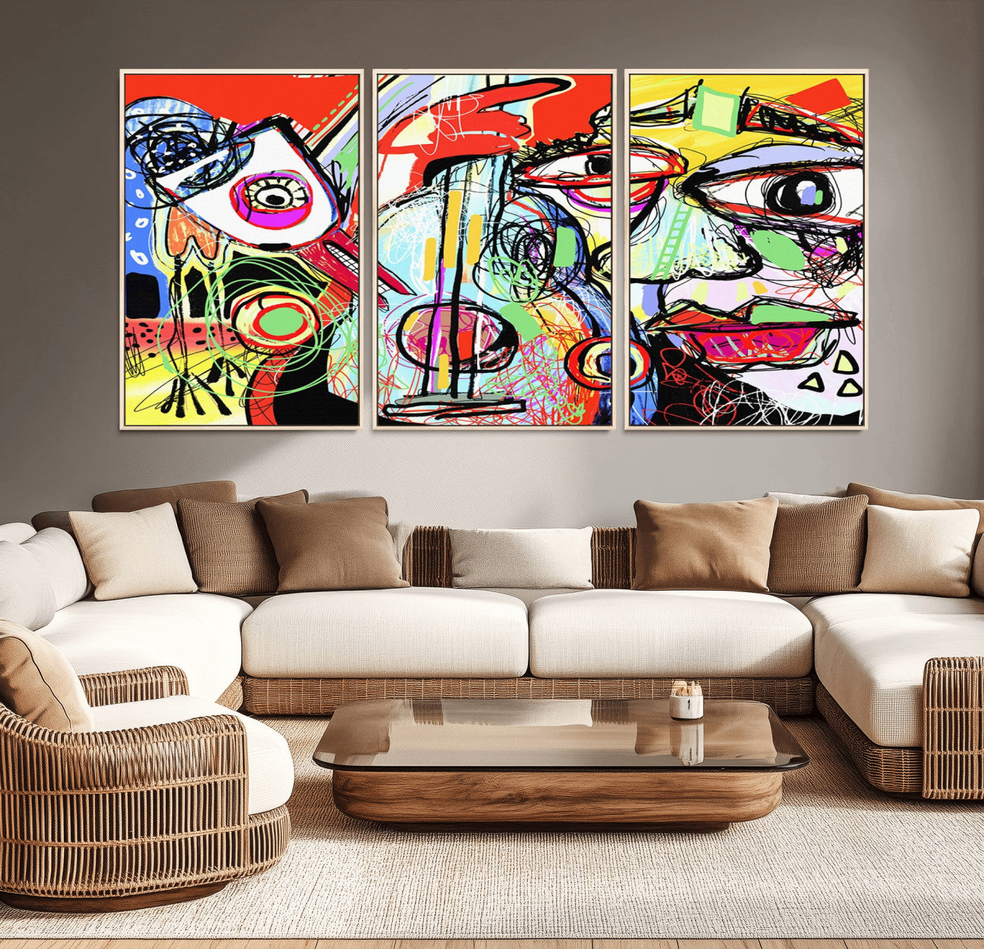 MGV-FC-60X30-3P - Picasso Style Art Abstract Canvas Wall Art Print , Colorful Abstract Artwork