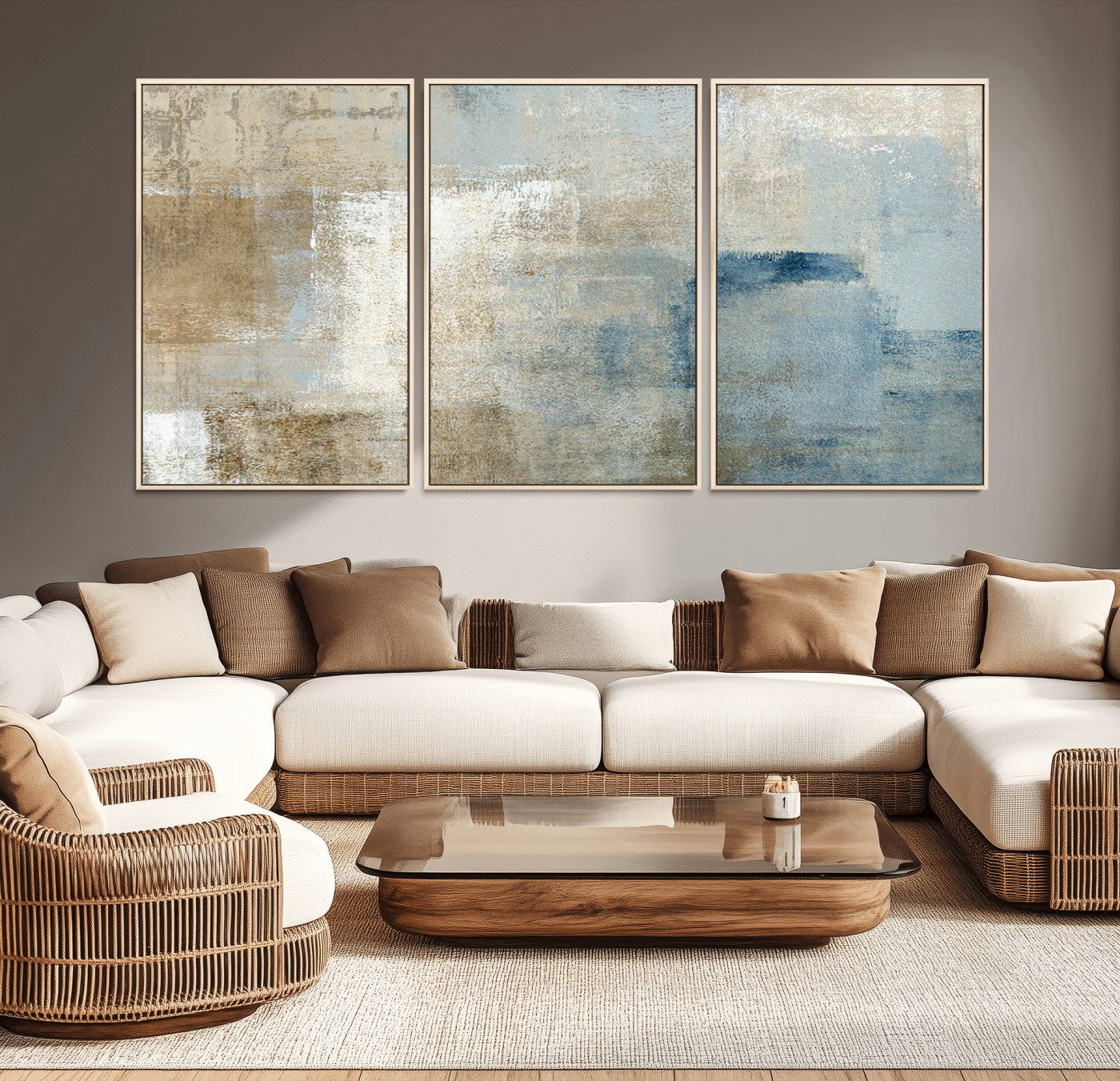 MGV-FC-60X30-3P - Abstract Blue and Beige Wall Art, Modern Minimalist Canvas Print Set, Giclee Textured Art, Large