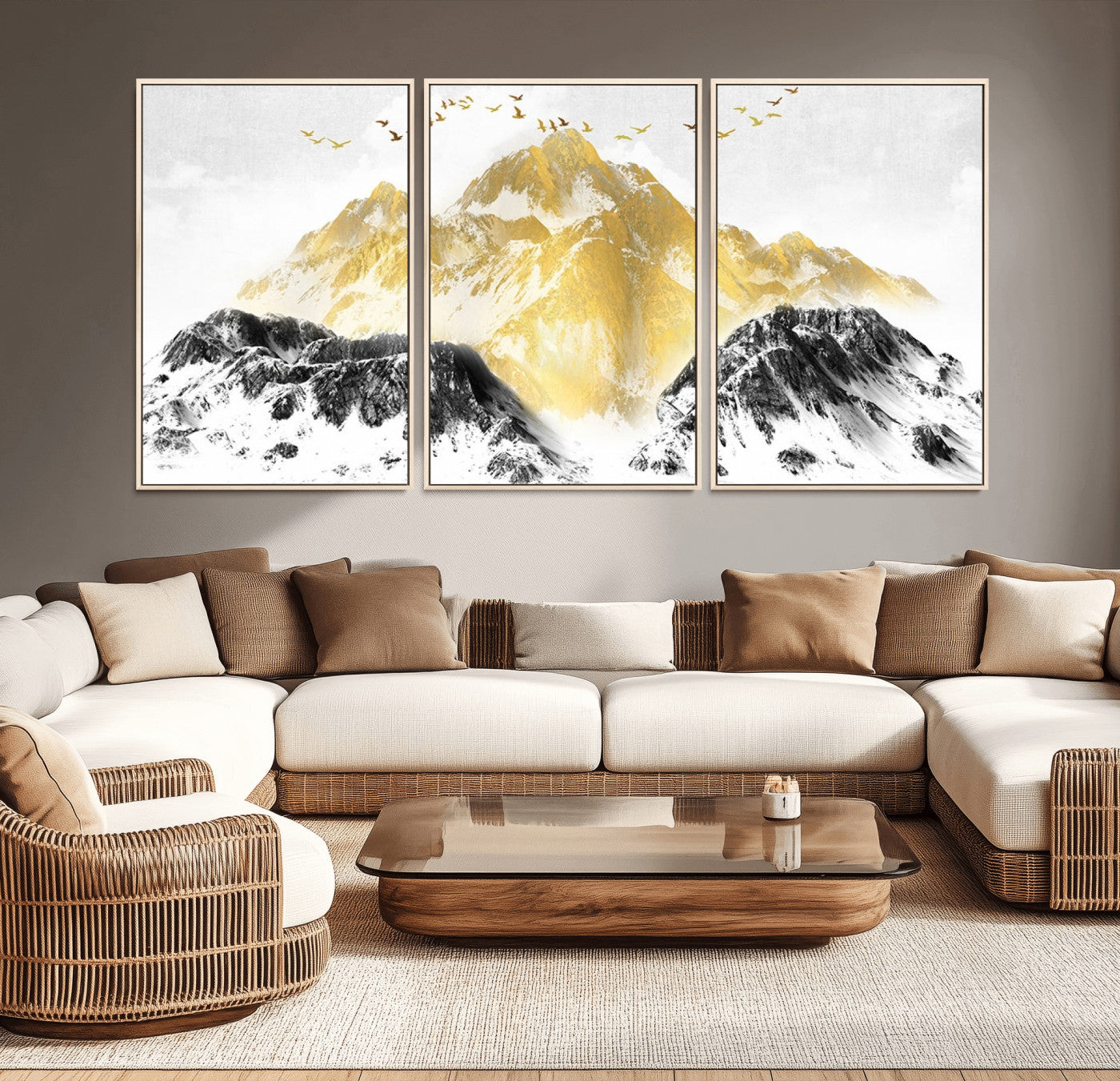 -Golden Mountain Triptych Wall Art Canvas Print, Modern Giclee Canvas Print, Nature Landscape Decor