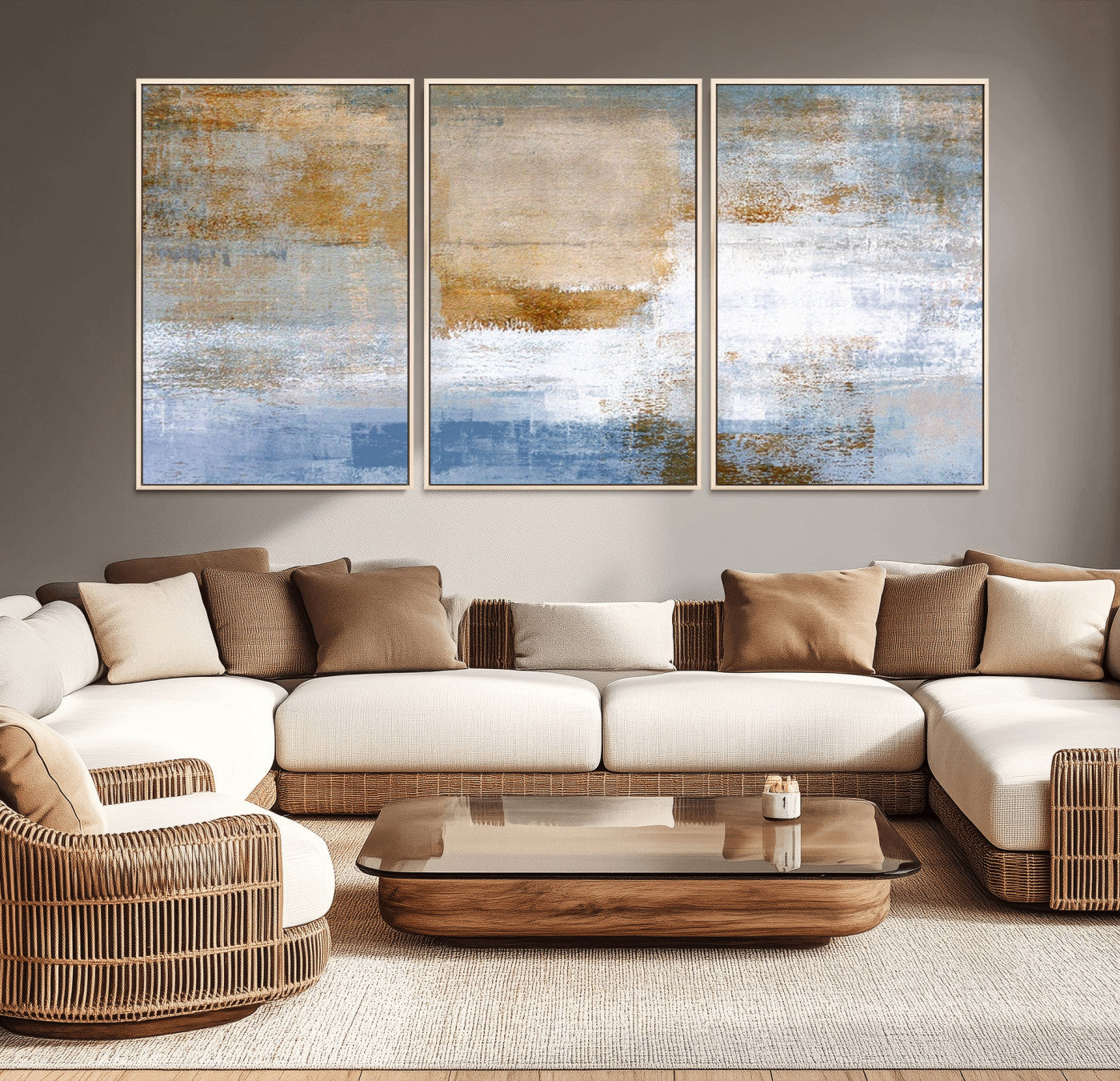 72354-MGV-CV-36X24-Blue Multi Panel Abstract Wall Art Canvas, Abstract Blue and Gold Canvas Print