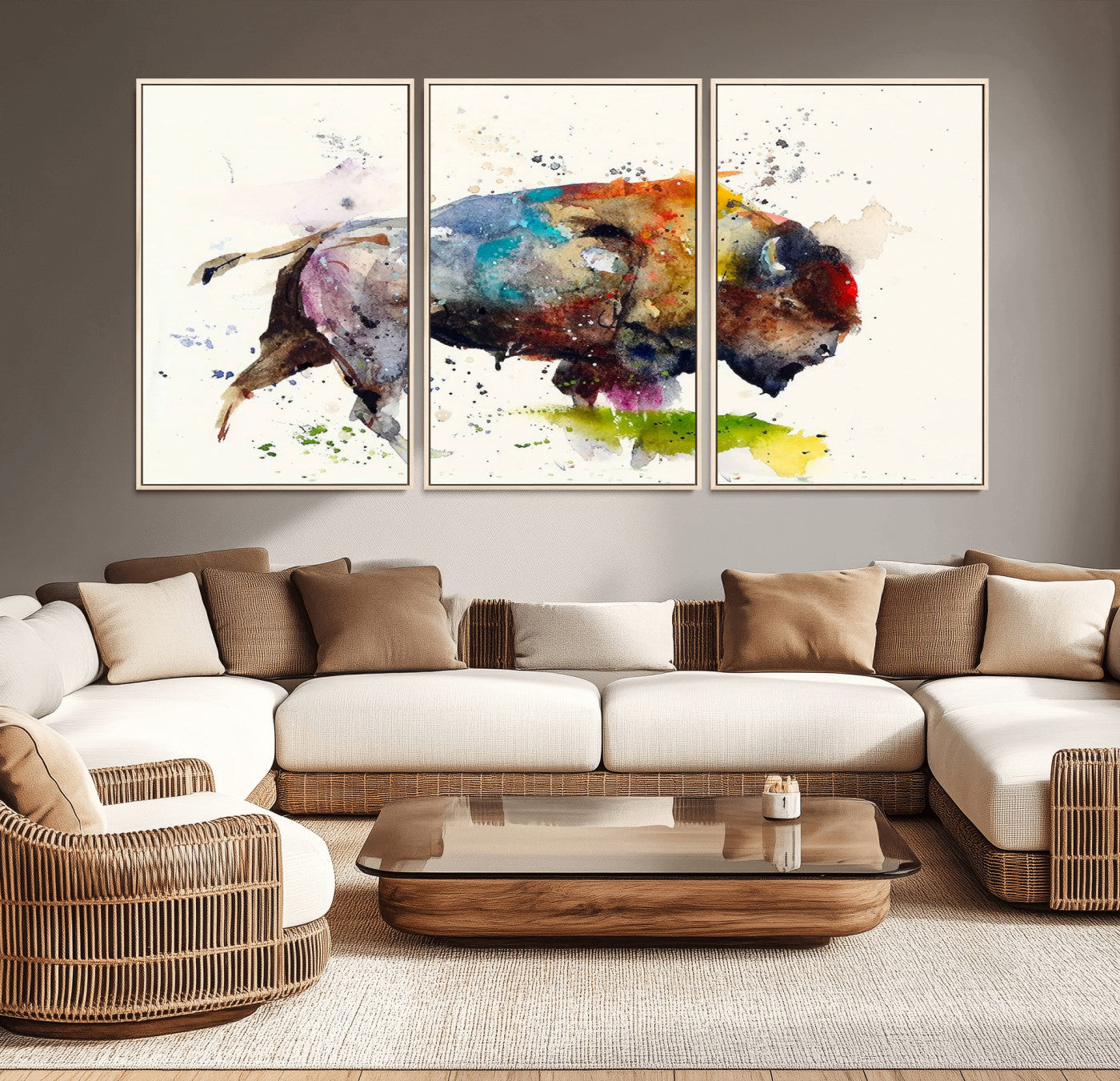 MGV-FC-60X30-3P - Abstract Buffalo Wall Art, Western Watercolor Bison Canvas Print, Rustic Buffalo Art for Cowboy and Western Decor, Large Multi-Panel Giclee Canvas