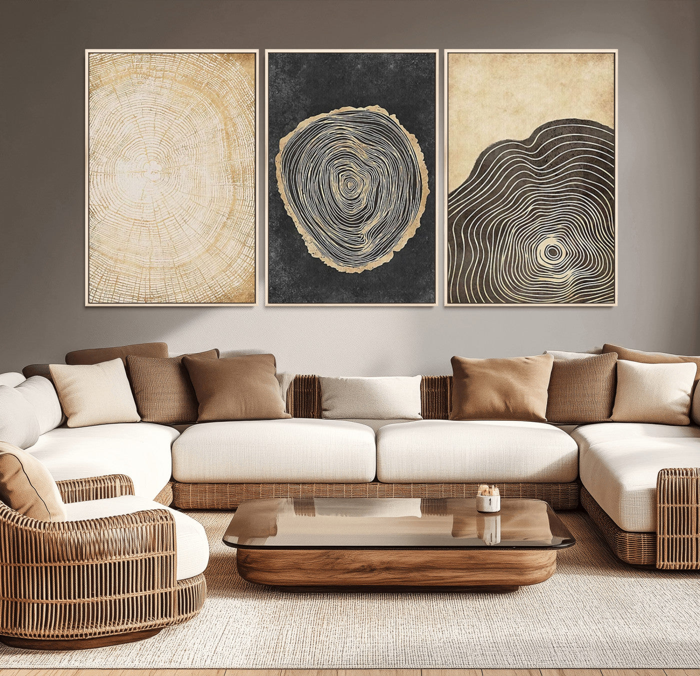 MGV-FC-60X30-3P - Tree Rings Canvas Wall Art Print – Minimalist Natural History in Modern Decor - Minimalist Boho Wall