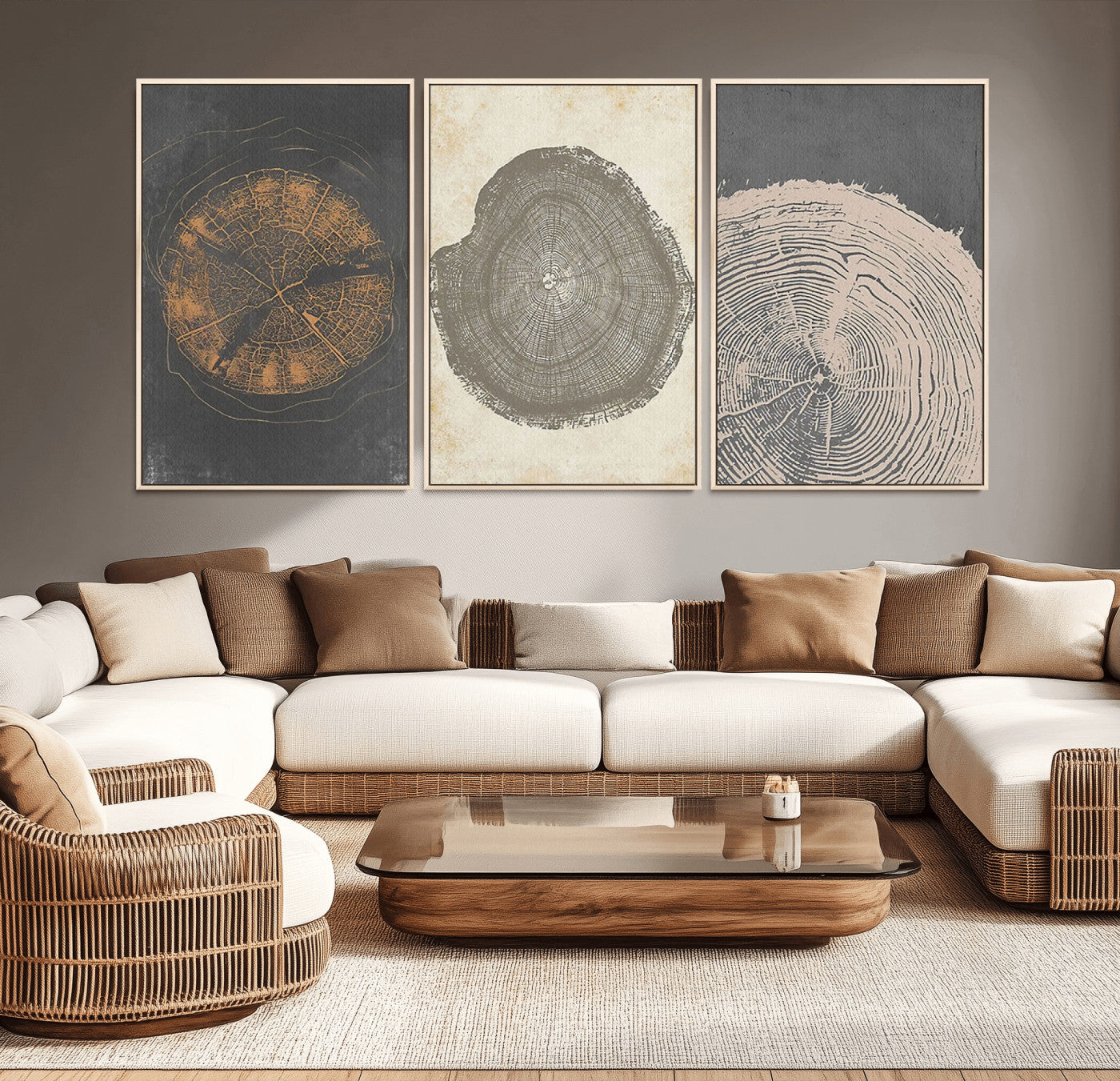 MGV-FC-60X30-3P - Boho Tree Ring Wall Art, Modern Minimalist Wood Grain Canvas, Tree Slice for Rustic Decor, Farmhouse