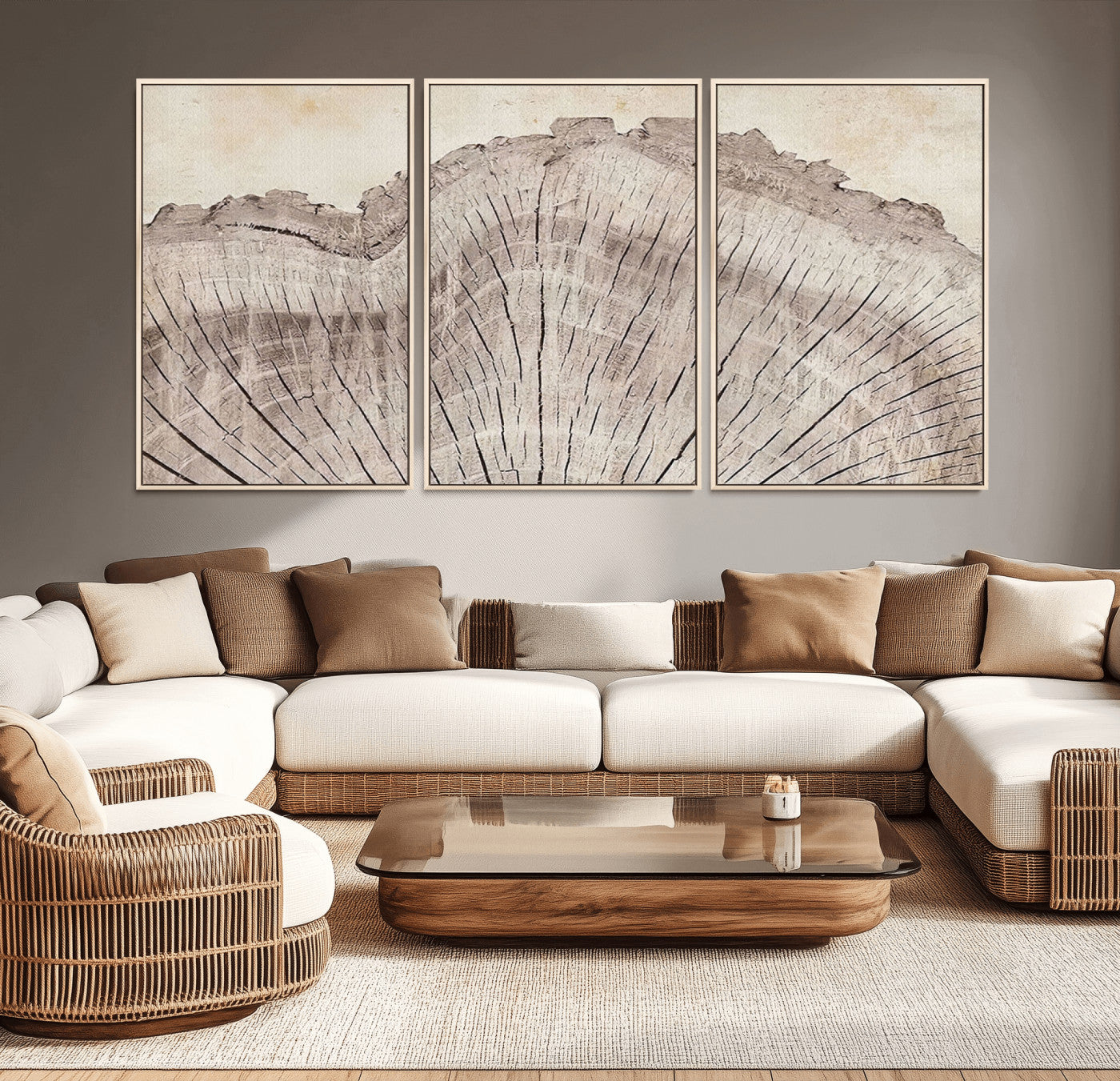 MGV-FC-60X30-3P - Tree Ring Wall Art Triptych, Rustic Wood Ring Canvas Print, Minimalist Wall Decor for Modern Homes