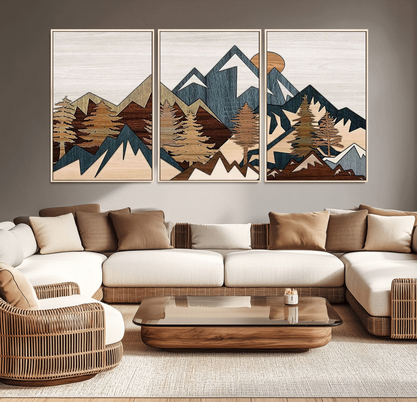 67950-MGV-CV-36X24-Rustic Abstract Wood Panel Effect Canvas Mountain Range Top Wood Wall Art Canvas Print