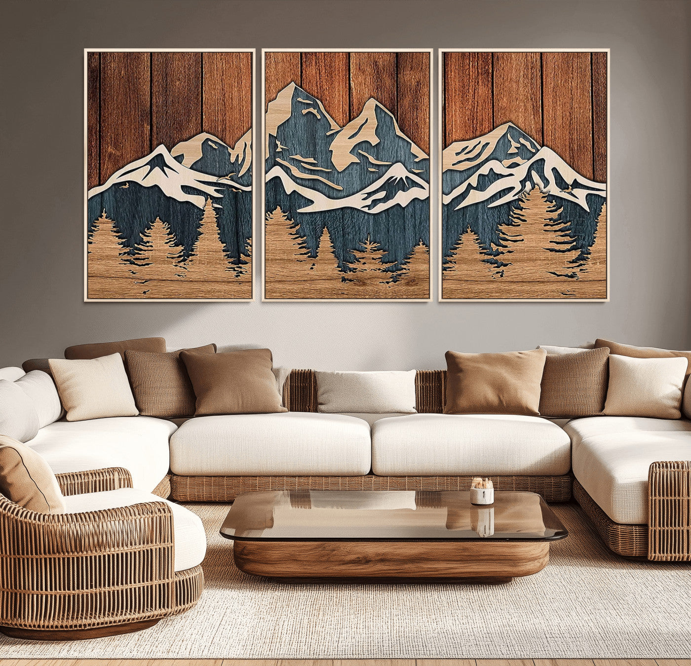 MGV-FC-60X30-3P - Rustic Wood Style Mountain Wall Art, Nature Forest Canvas Print, Wooden Textured Mountain Artwork, Handcrafted Landscape Decor for Farmhouse Decor