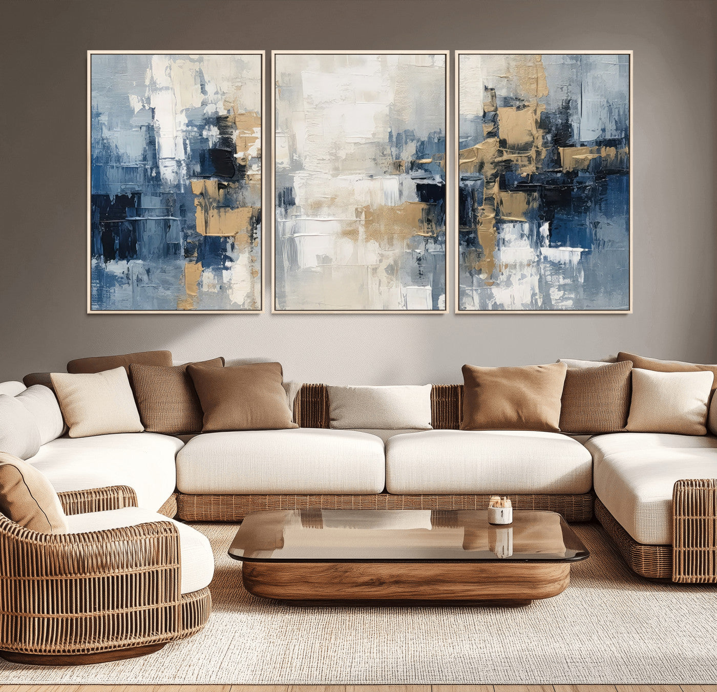 MGV-FC-60X30-3P - Modern Abstract Canvas Wall Art in Blue and Gold Tones | Large Contemporary Art for Living Room, Office, or Bedroom Décor