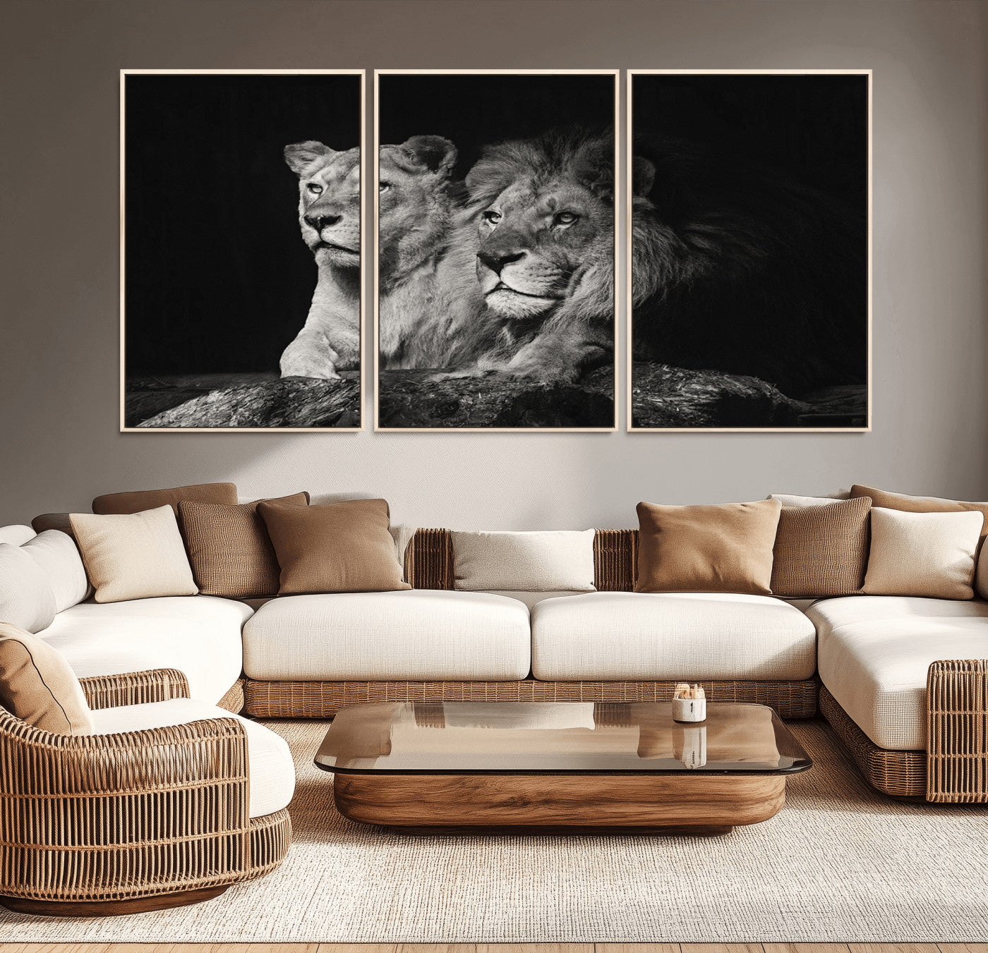 MGV-FC-60X30-3P - Lion Couple Canvas Wall Art Print – Elegant Wildlife Portrait in Black and White Lion Family – Ready to Hang