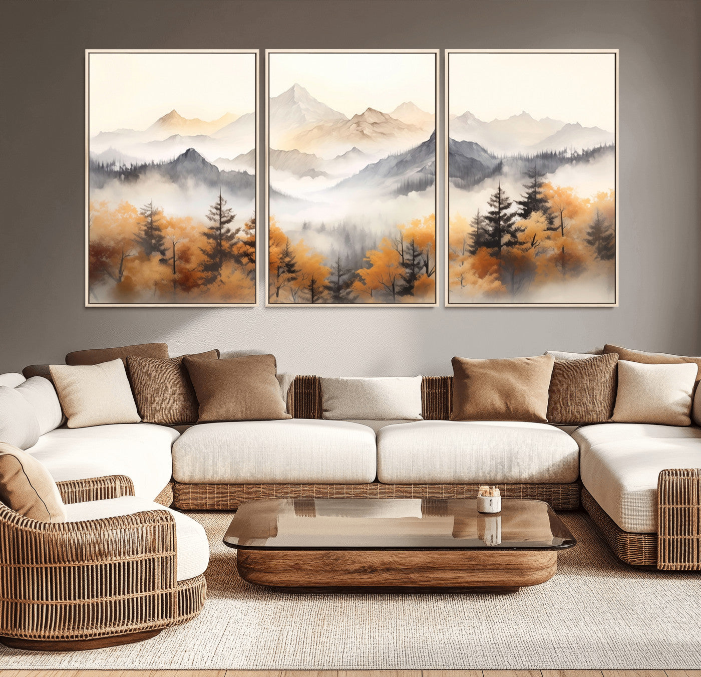 MGV-FC-60X30-3P - Mountain and Forest Landscape Wall Art | Misty Autumn Forest and Mountains Canvas Print for Living Room, Bedroom, Office | Large Wall Art Decor