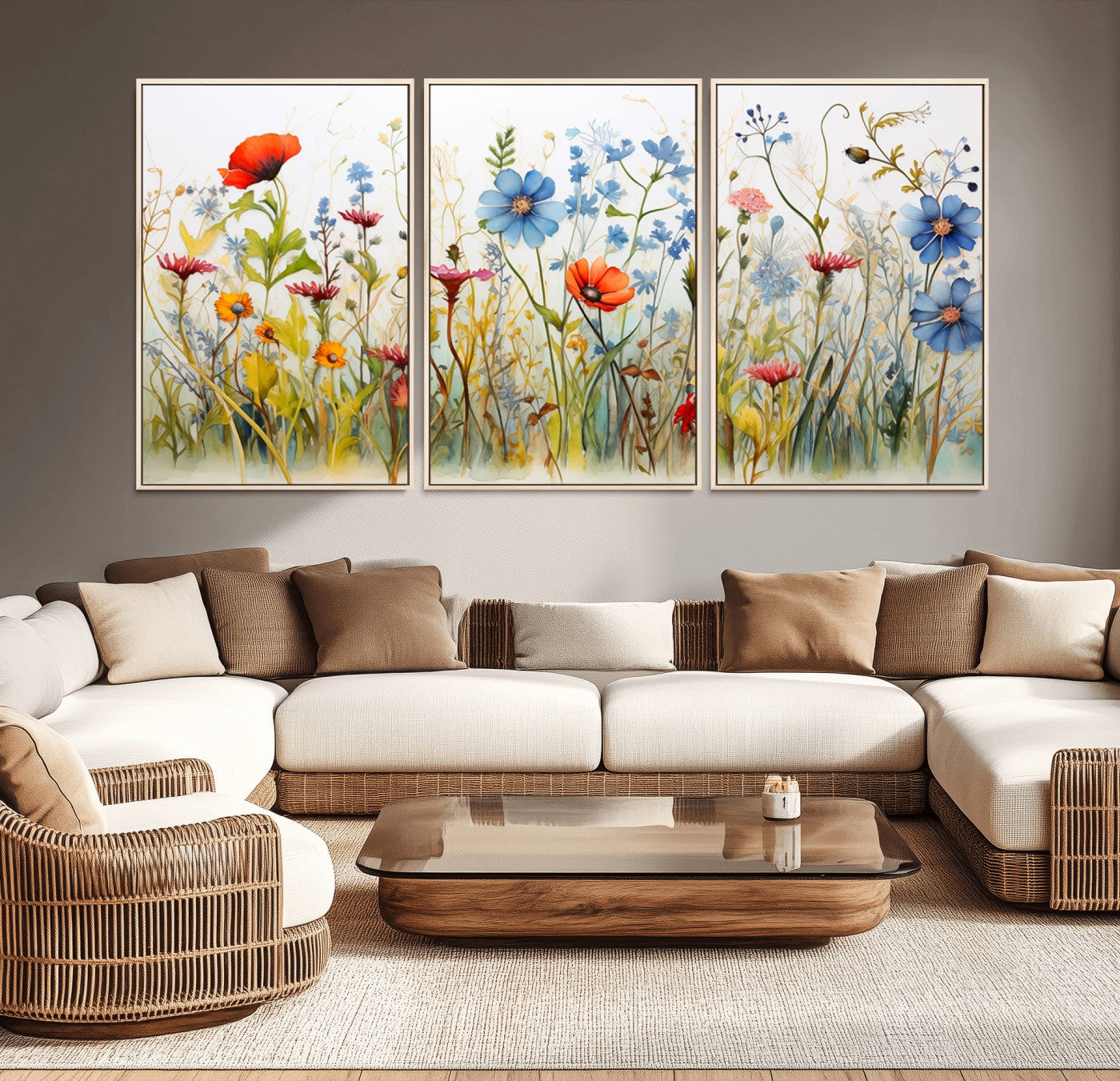 MGV-FC-60X30-3P - Colorful Wildflower Canvas Wall Art - Vibrant Floral Botanical Print, Bright Nature Decor for Living Room, Large 3 Panel Set, Ready to Hang