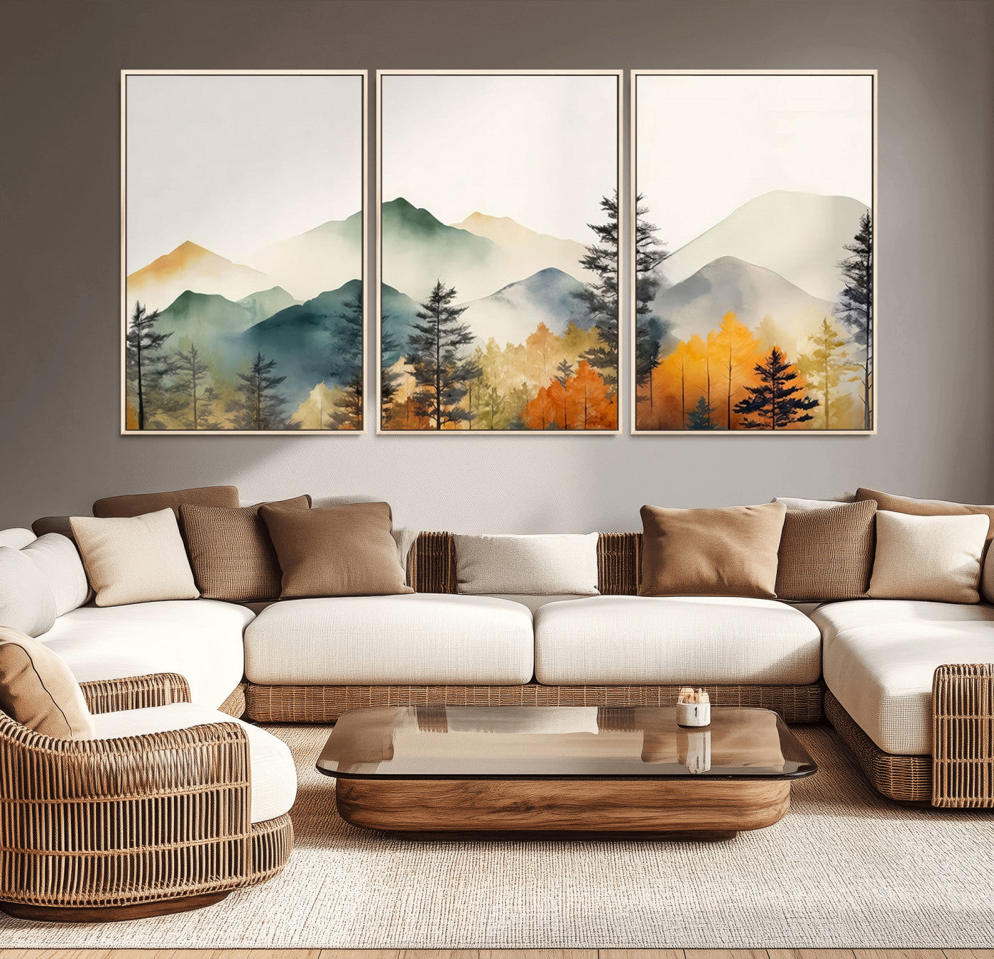 -Abstract Watercolor Mountains and Trees Autumn Wall Art, Mountains and Trees Autumn Wall Art Canvas