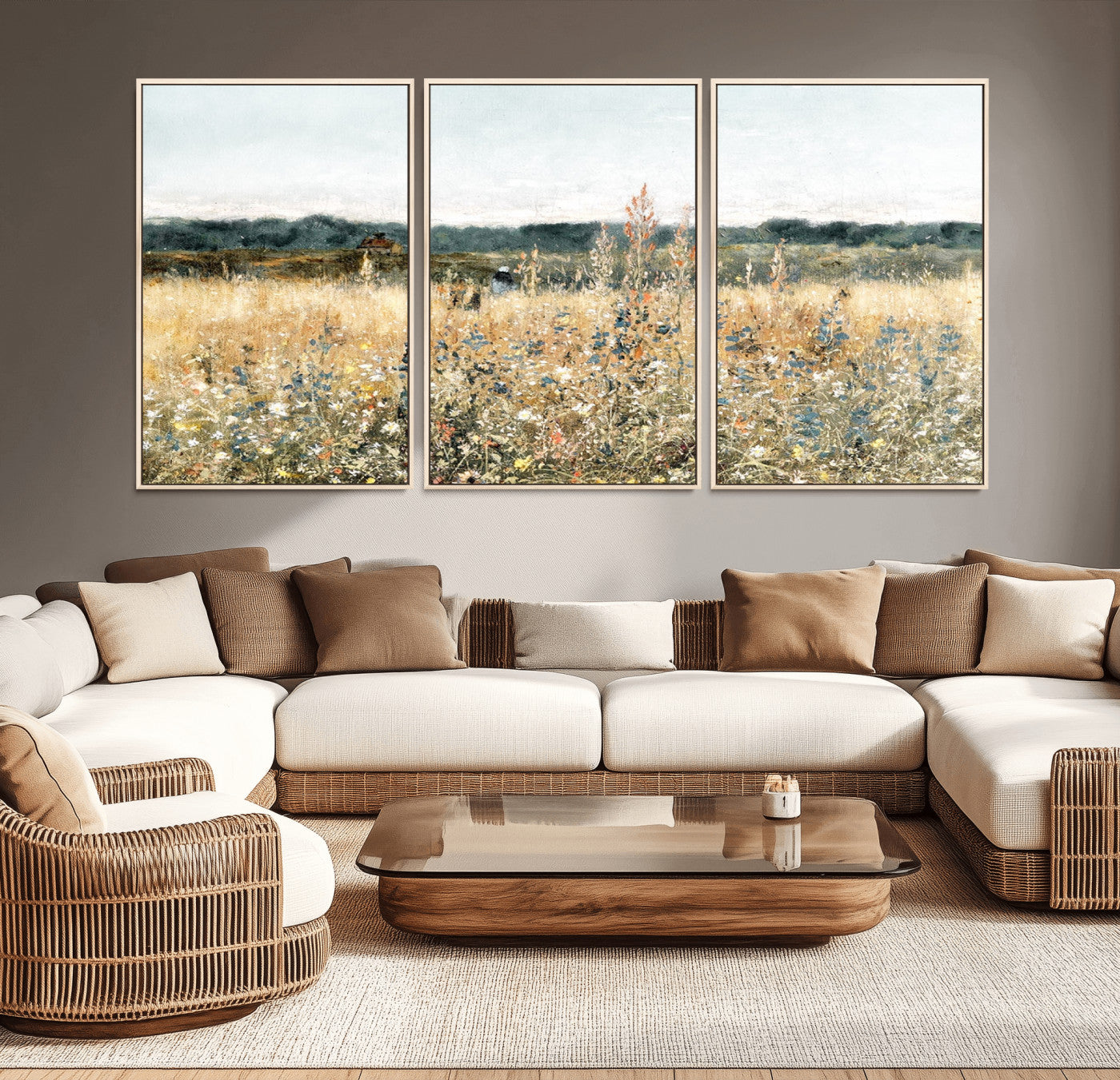 MGV-FC-60X30-3P - Wildflower Field Wall Art Canvas | Nature-Inspired Landscape Canvas Print for Living Room or Office | Rustic Floral Decor