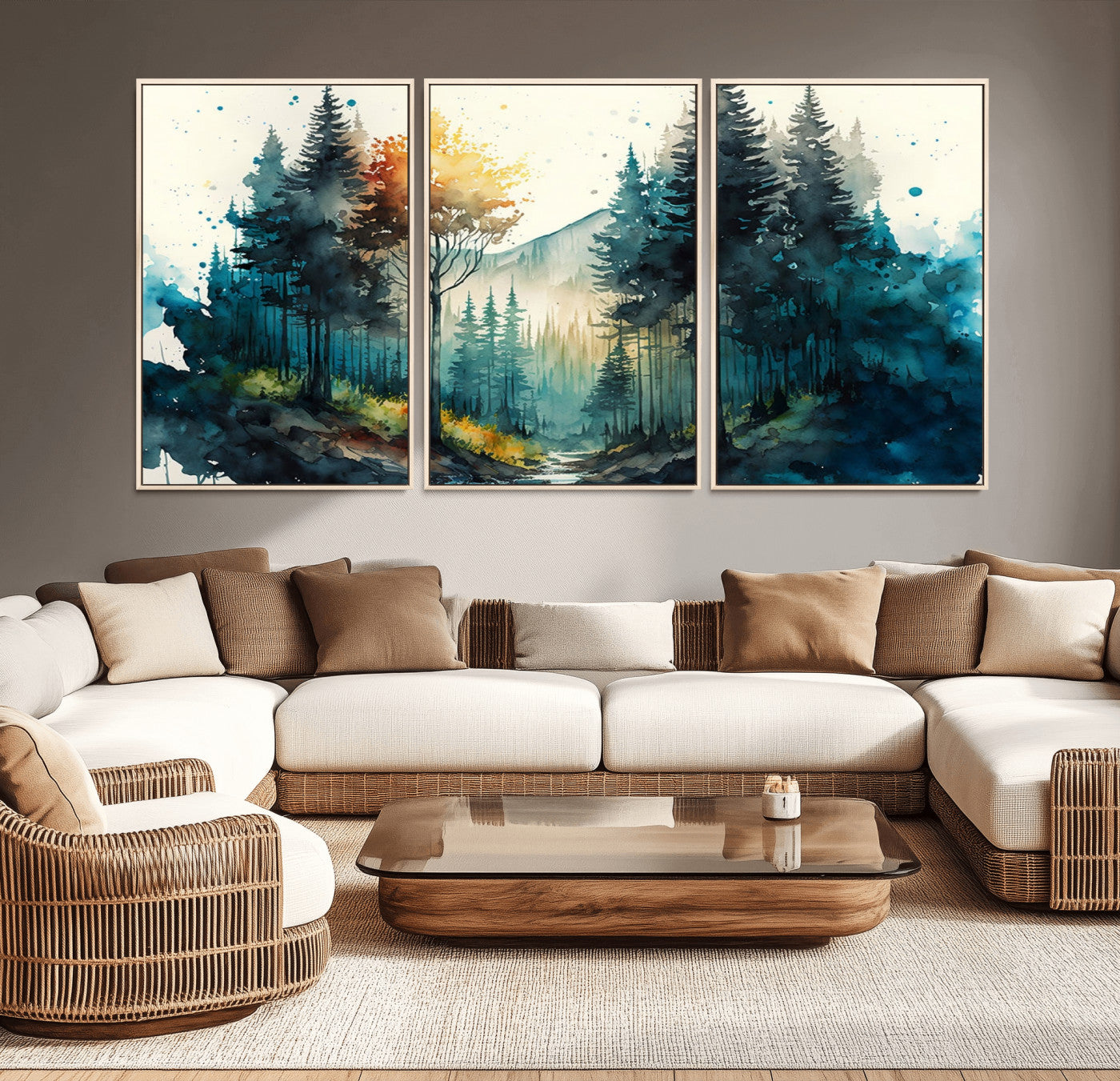 MGV-FC-60X30-3P - Watercolor Trees Forest Abstract Wall Art Canvas Print