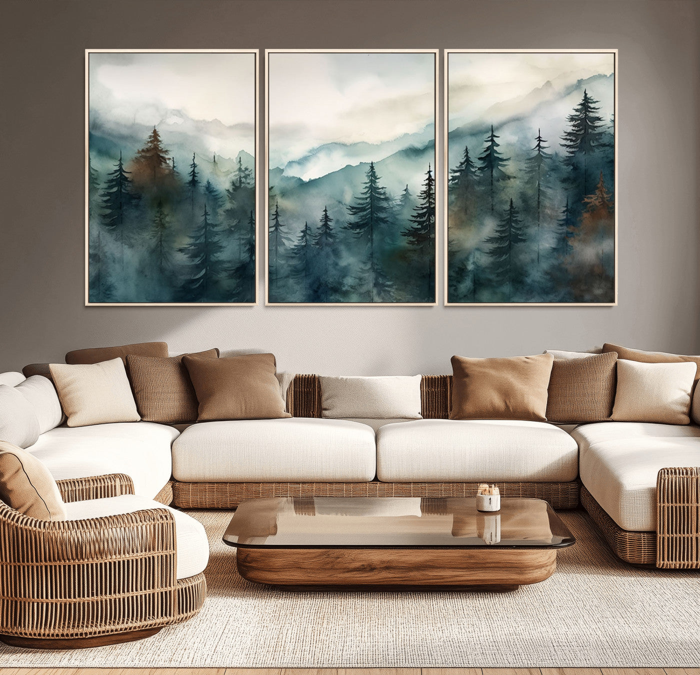 MGV-FC-60X30-3P - Serenity Forest Wall Art Canvas | Foggy Mountain Landscape Canvas Print for Living Room or Office | Nature-Inspired Woodland Decor