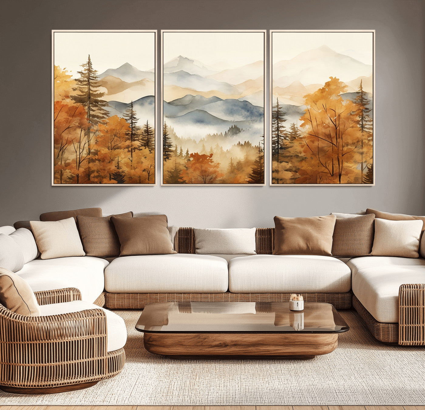 MGV-FC-60X30-3P - Golden Autumn Forest Wall Art | Mountain Landscape Canvas Print for Living Room or Bedroom | Large Wall Decor with Nature-Inspired Design