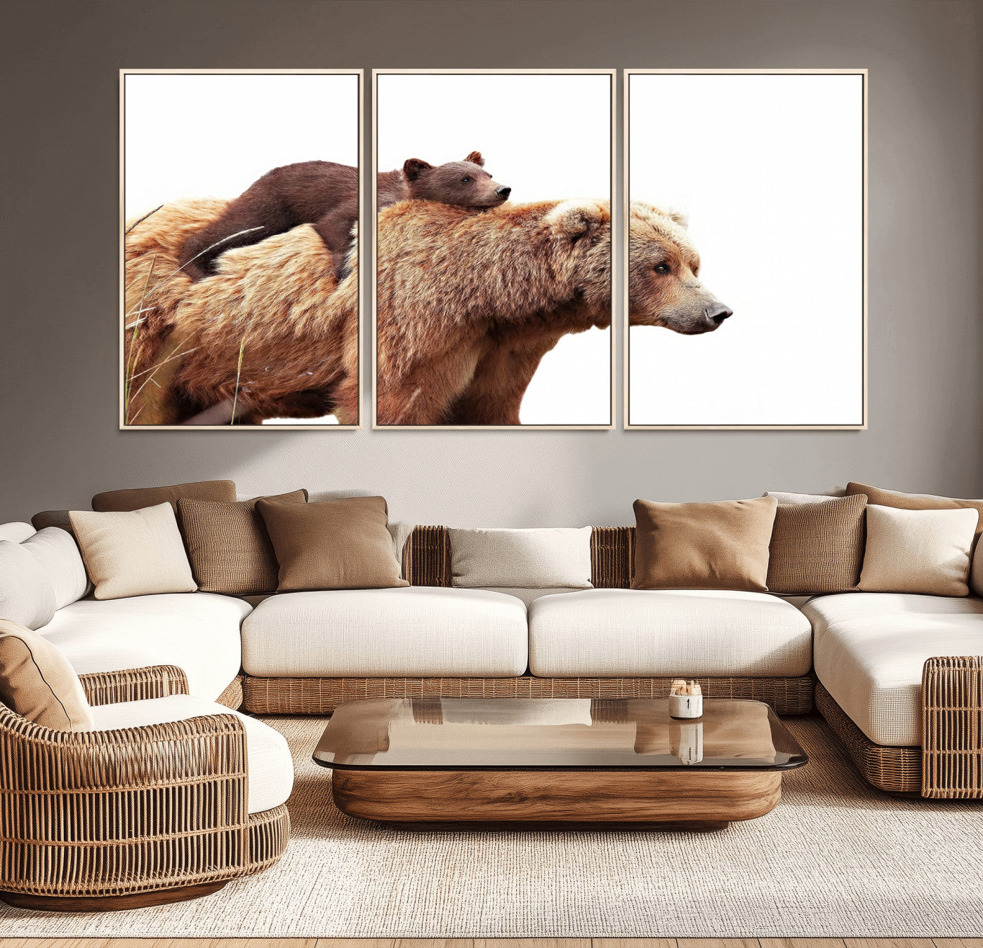 MGV-FC-60X30-3P - Mother and Baby Bear Canvas Wall Art - Adorable Wildlife Animal Print, Cozy Rustic Decor for Living Room,