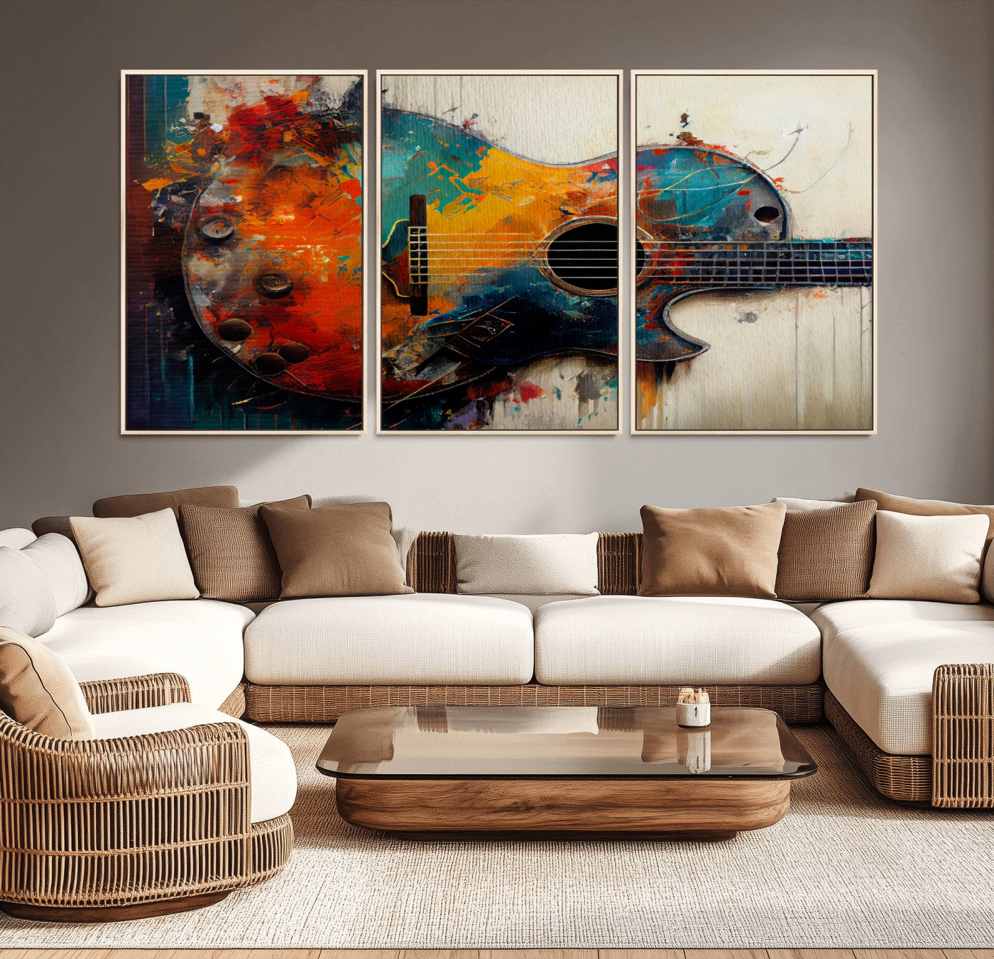 MGV-FC-60X30-3P - Abstract Guitar Wall Art Canvas | Vibrant Music-Inspired Art for Living Room or Studio | Colorful Music Decor Canvas Print