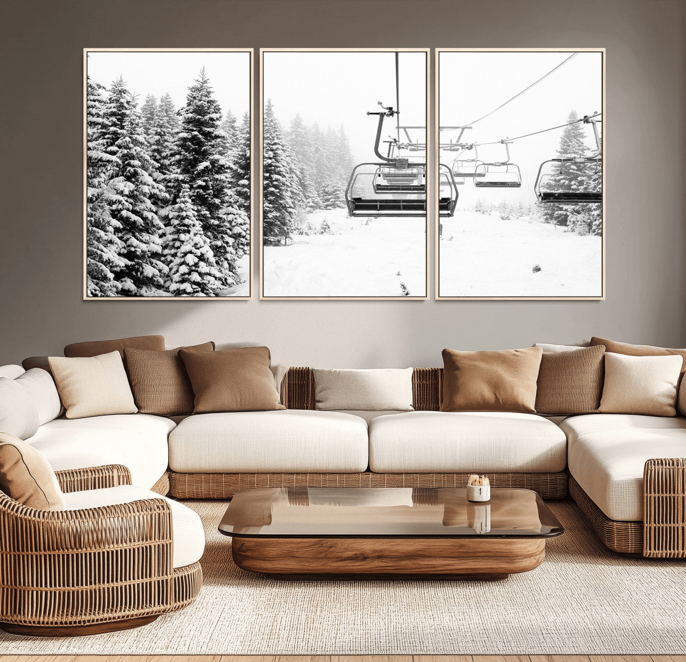 70609-MGV-CV-36X24-Winter Forest Wall Art Canvas Print – Framed Snowy Mountain Scene with Ski Lift Landscape Artwork for Home, Office Decor