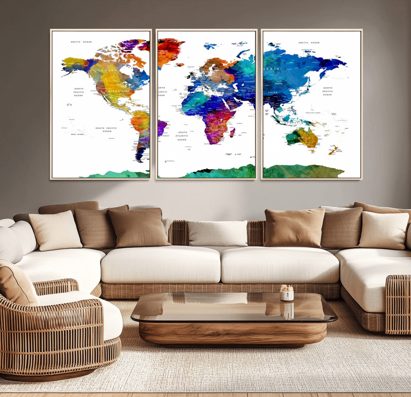 48979-MGV-CV-36X24-Colorful Watercolor World Map Canvas Print – Vibrant Framed Travel Map Wall Art, Modern Decor for Living Room or Office
