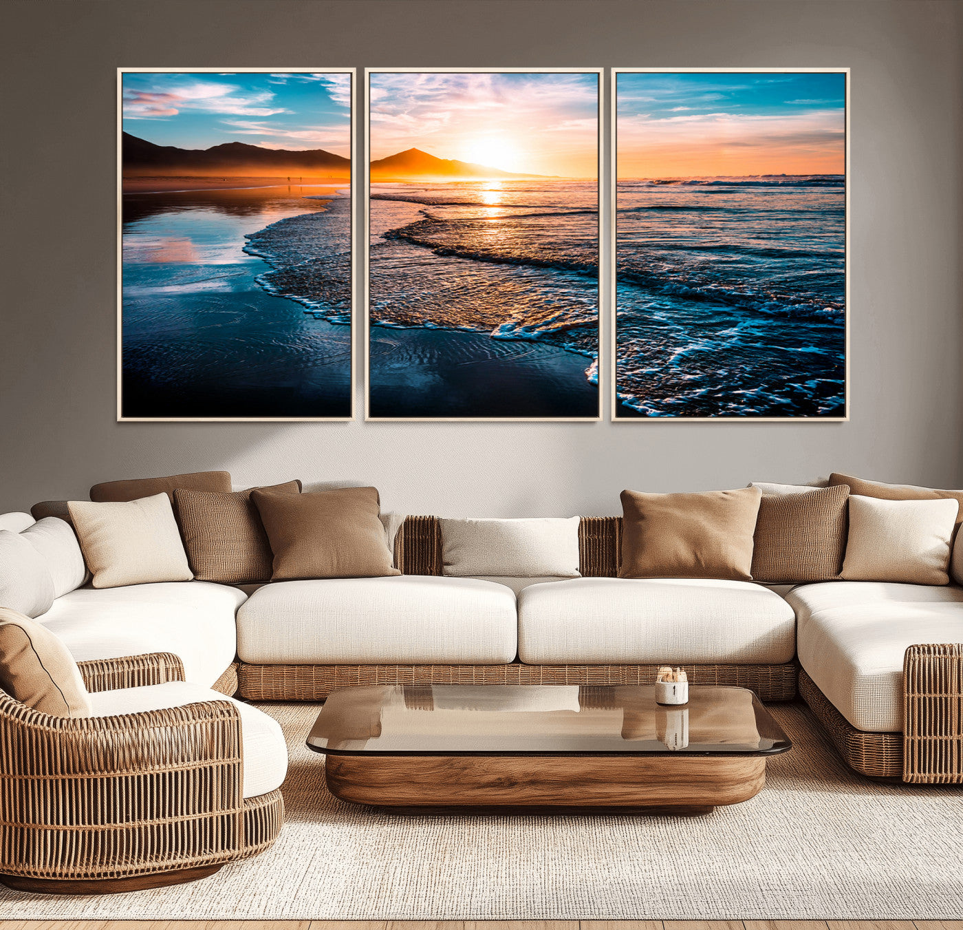 MGV-FC-60X30-3P - Beach Ocean Sunset on the Sea Wall Art Canvas, Beach Ocean Sunset Canvas Print
