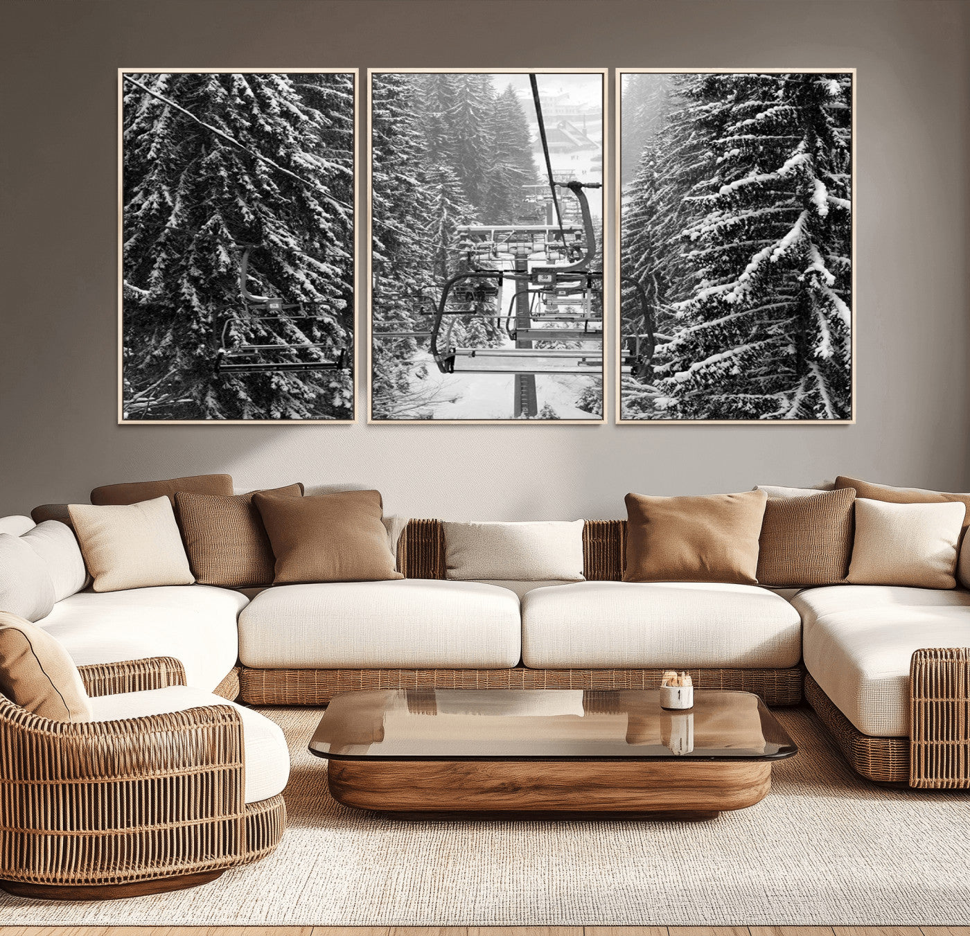 19240-MGV-CV-36X24-Winter Ski Lift Black and White Canvas Wall Art – Alpine Escape in Minimalist Style – Winter Ski