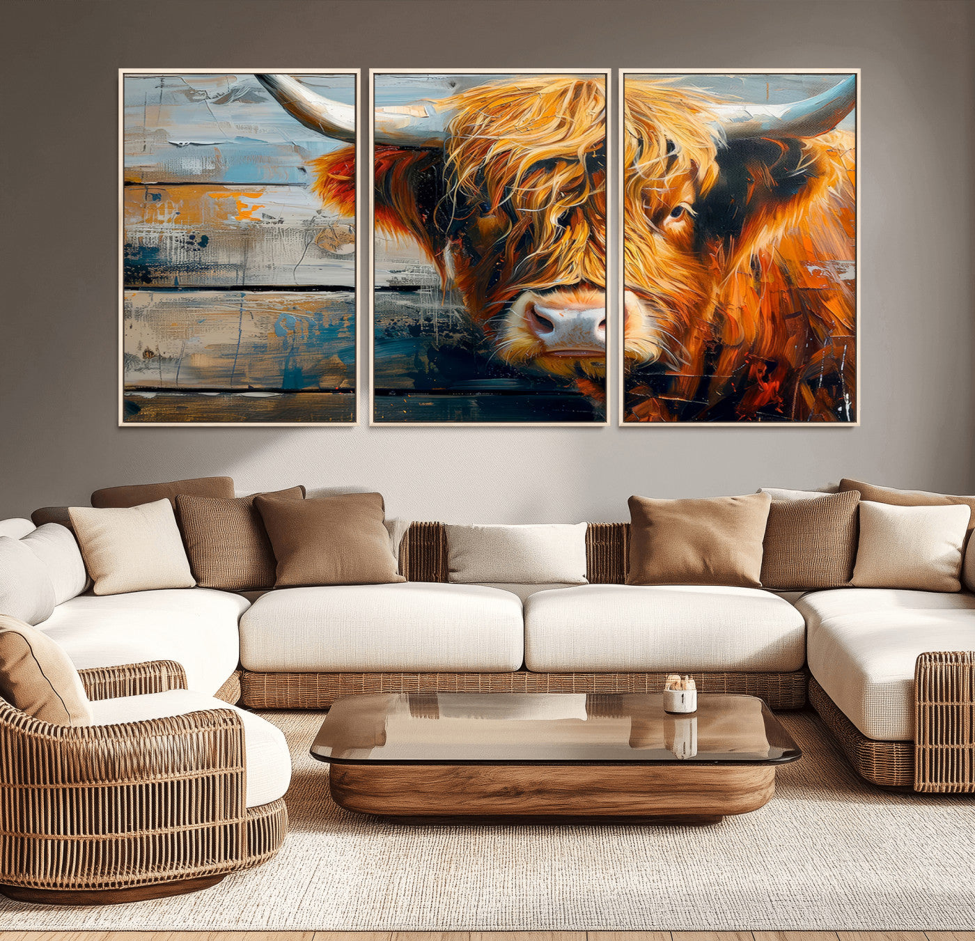-Highland Cow Abstract Canvas Wall Art – Bold Farmhouse Rustic Decor – Ready to Hang