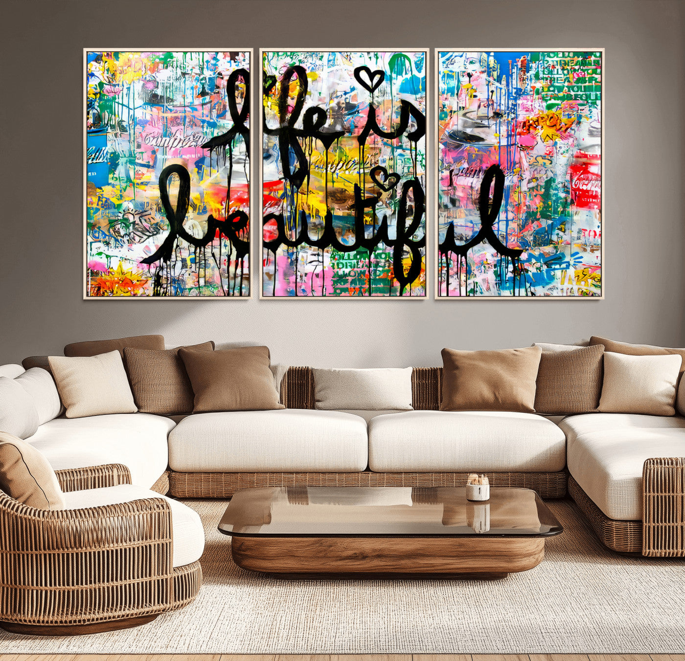 MGV-FC-60X30-3P - Life Beautiful Art Print - Banksy Graffiti Wall Art Canvas Print | Graffiti Wall Art Canvas Print