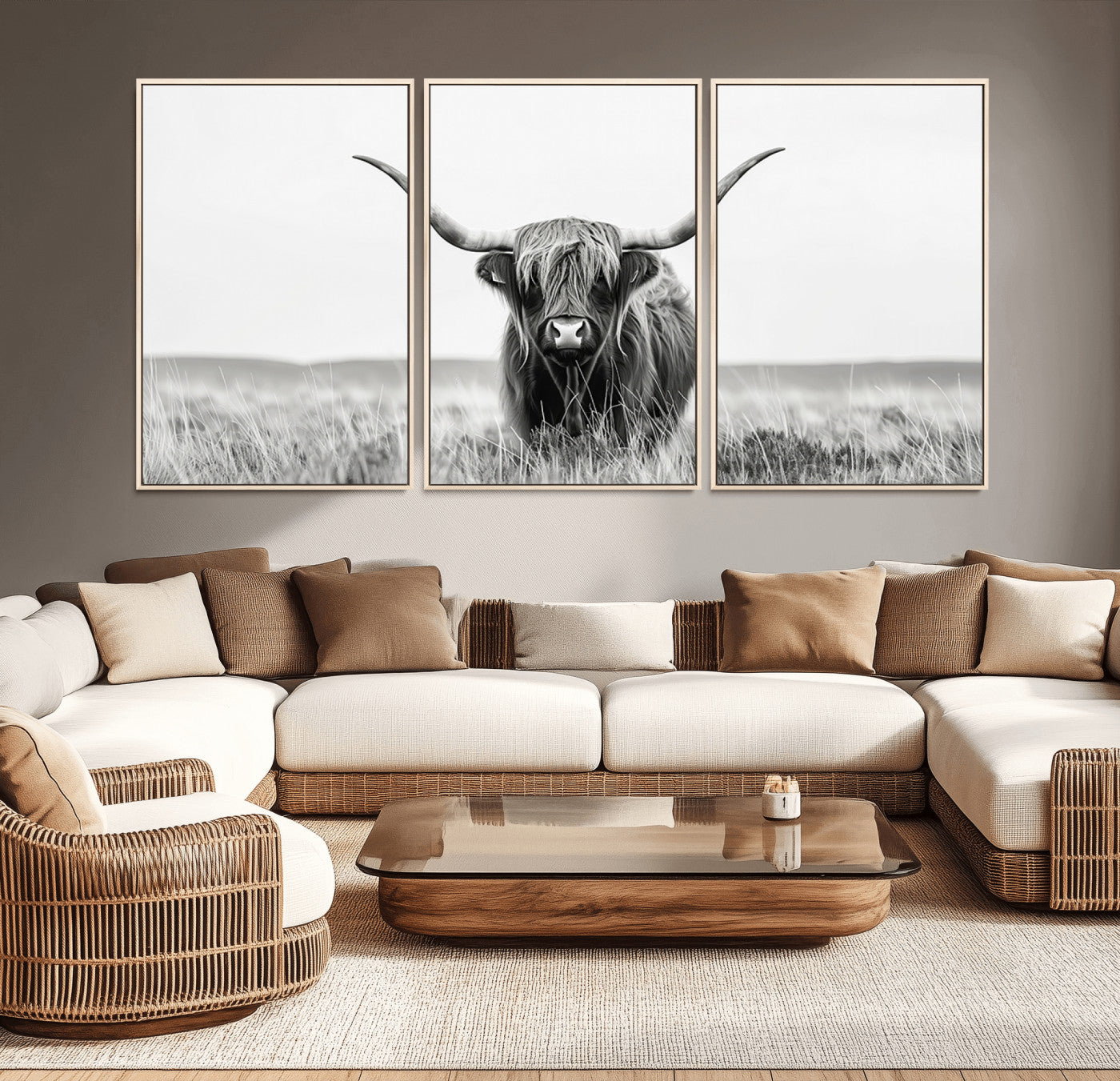MGV-FC-60X30-3P - Highland Cow Canvas Wall Art – Majestic Beauty in Black and White