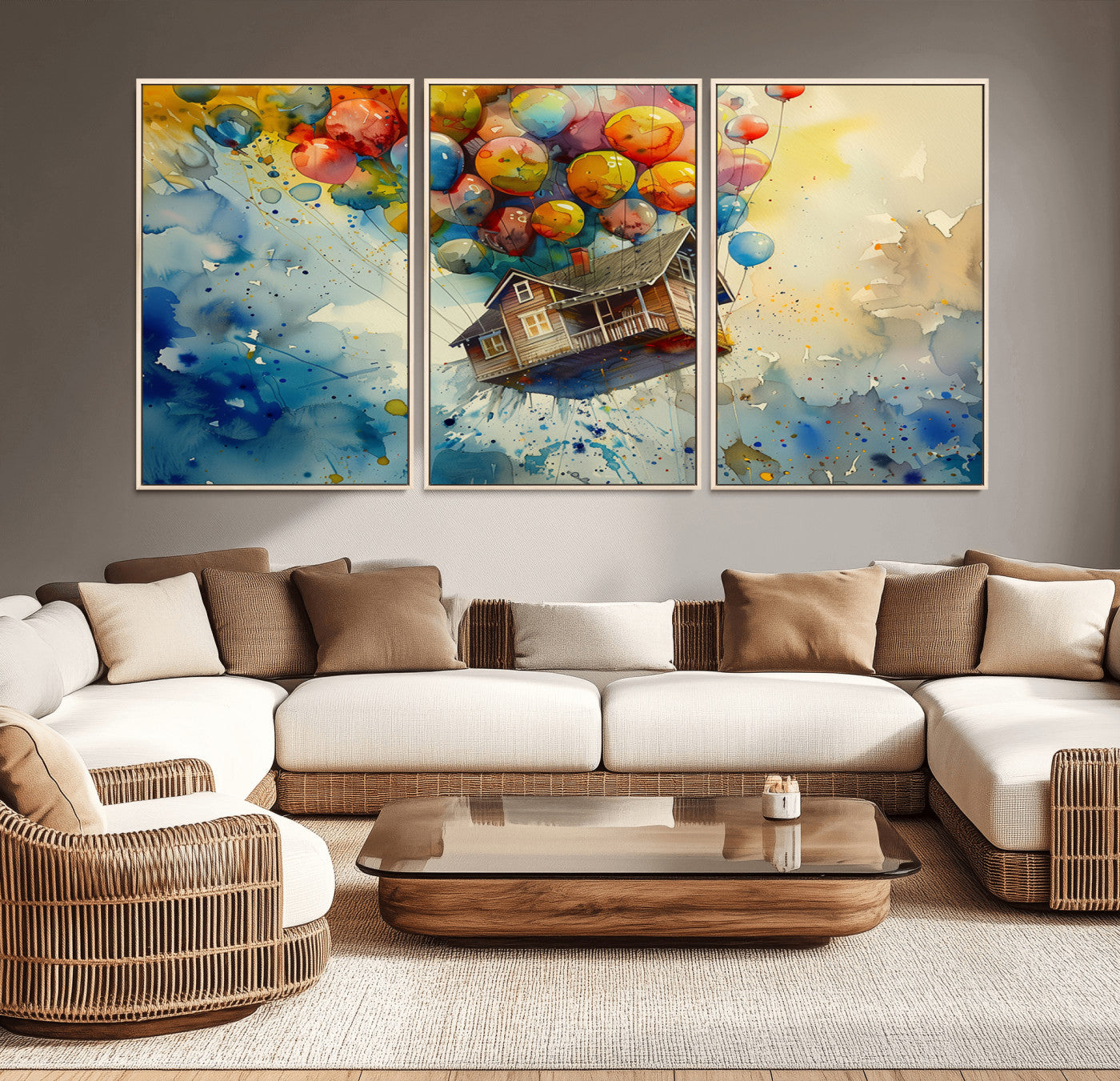 77149-MGV-CV-36X24-UP-Inspired Floating House with Balloons Canvas Art – Colorful 3-Panel Wall Decor for Living Room,